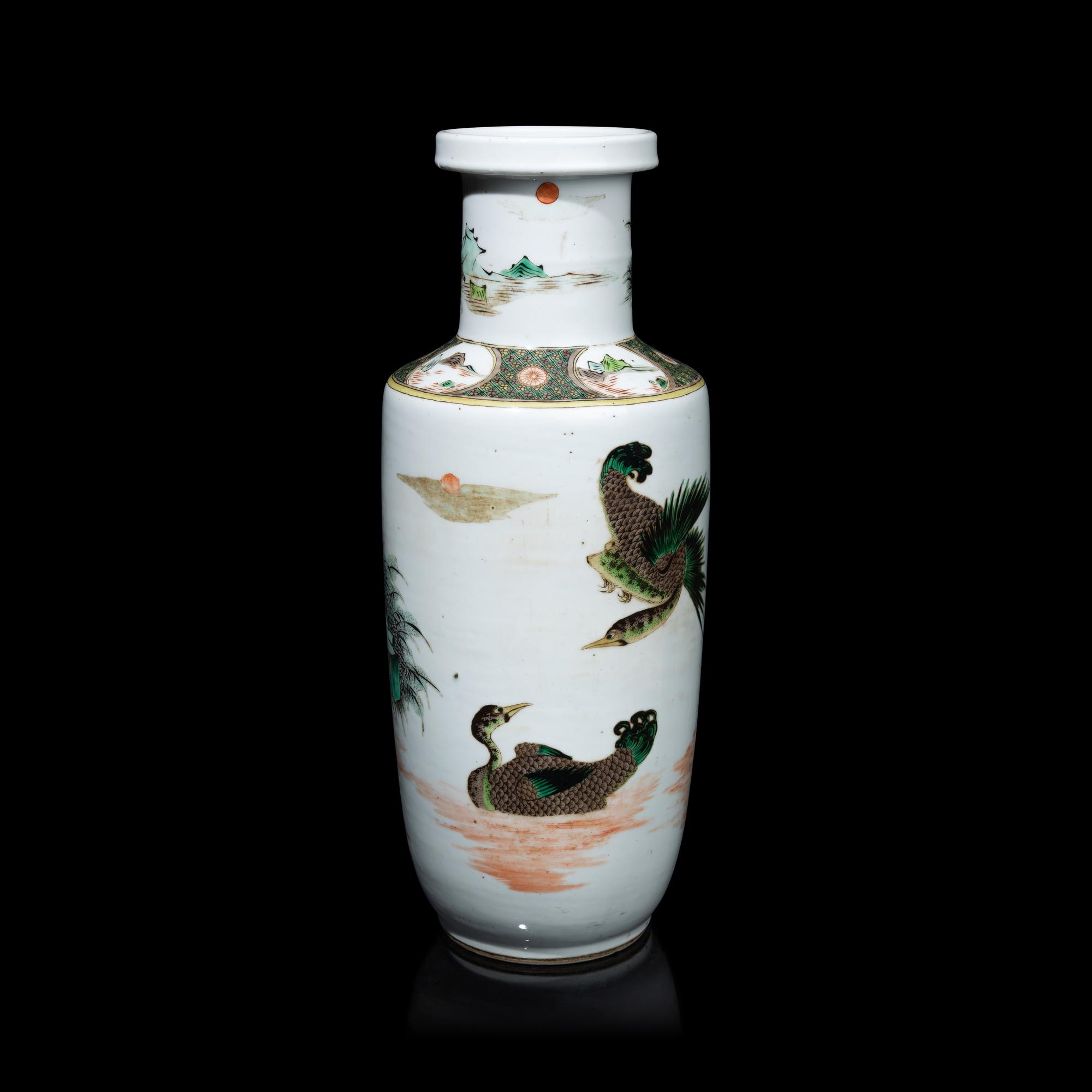 A Chinese Famille Verte 'Geese' Porcelain Rouleau Vase, Qing Dynasty 清 五彩蘆塘秋雁圖棒槌瓶