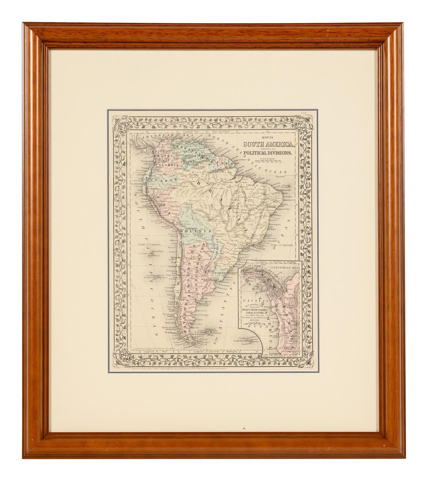 WILLIAMS, W. Map of South America showing its Political Divisions . Philadelphia: N.d. Plate 103. 23 ¼ x 20 ½ in.