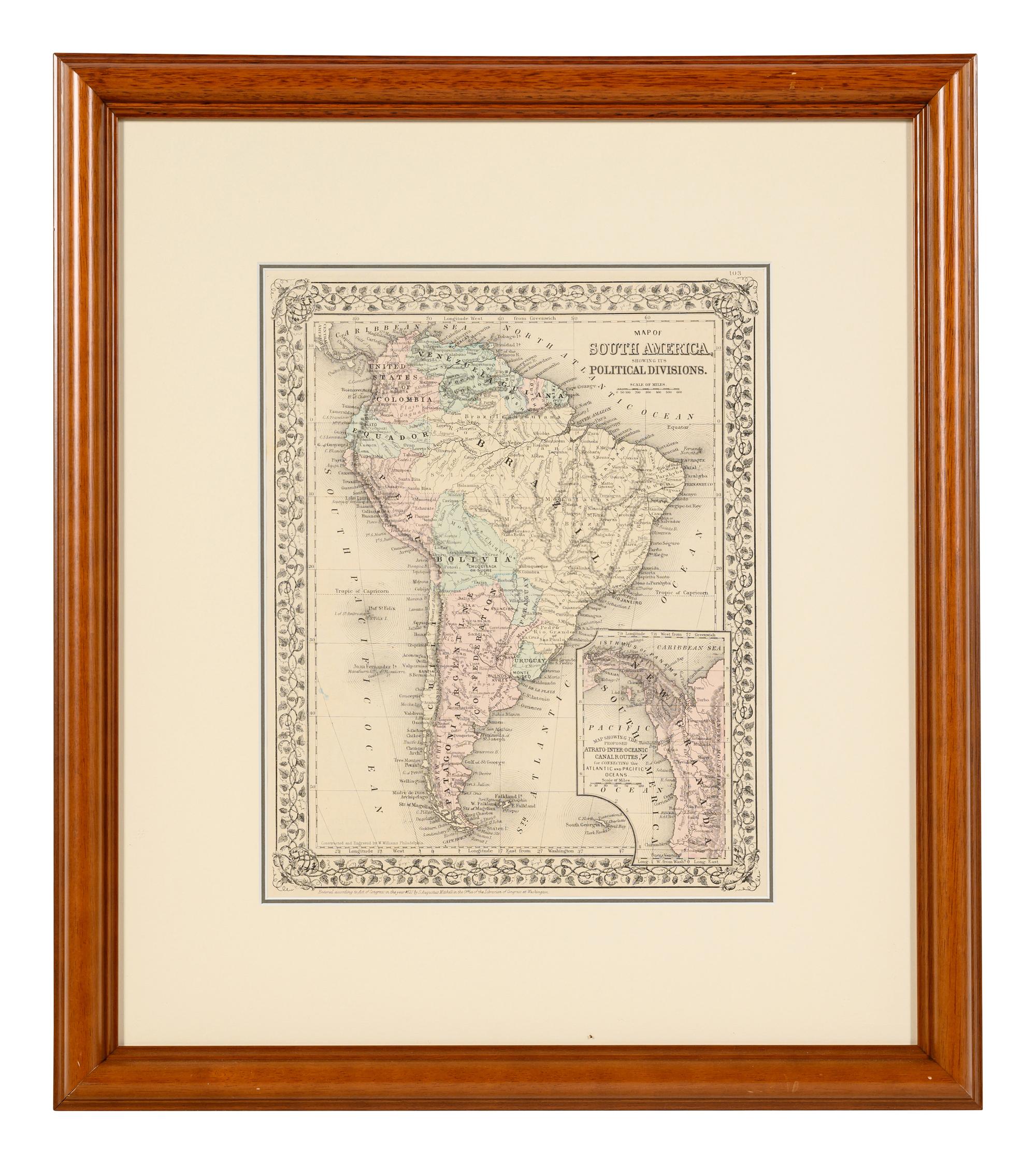 WILLIAMS, W. Map of South America showing its Political Divisions . Philadelphia: N.d. Plate 103. 23 ¼ x 20 ½ in.