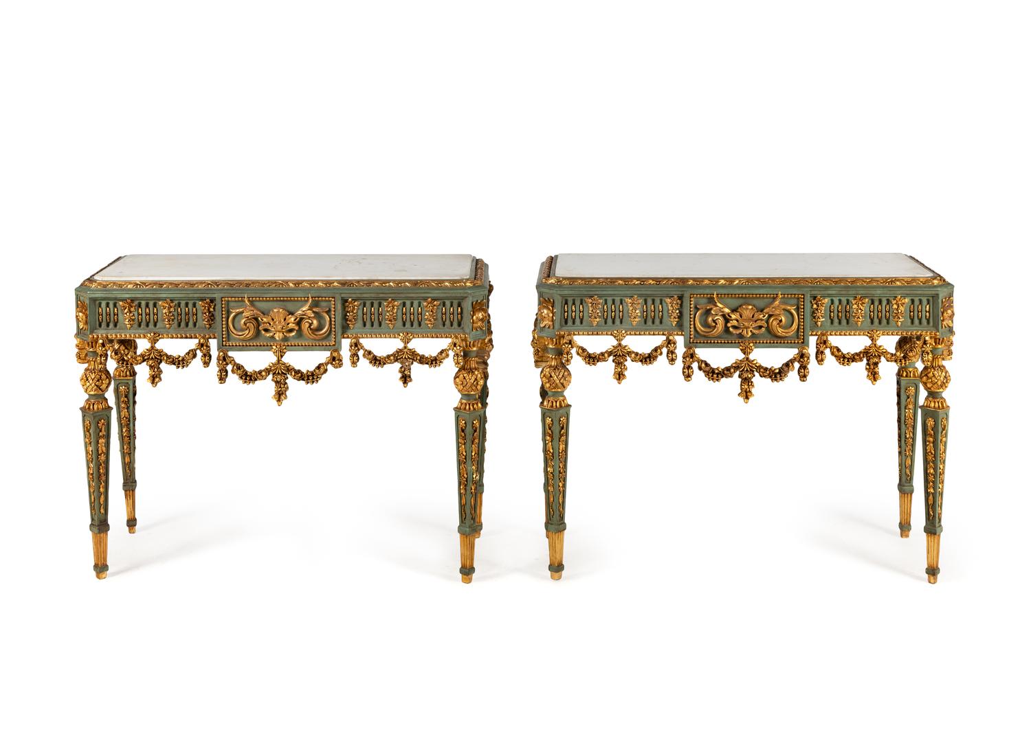 A Pair of Continental Green-Painted and Parcel Gilt Marble-Top Console Tables