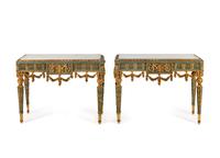 A Pair of Continental Green-Painted and Parcel Gilt Marble-Top Console Tables