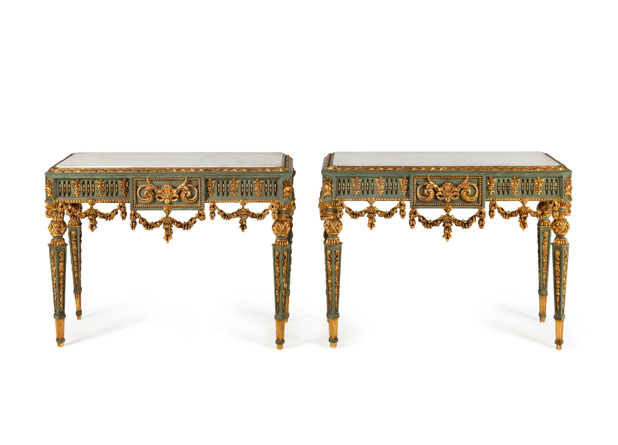 A Pair of Continental Green-Painted and Parcel Gilt Marble-Top Console Tables