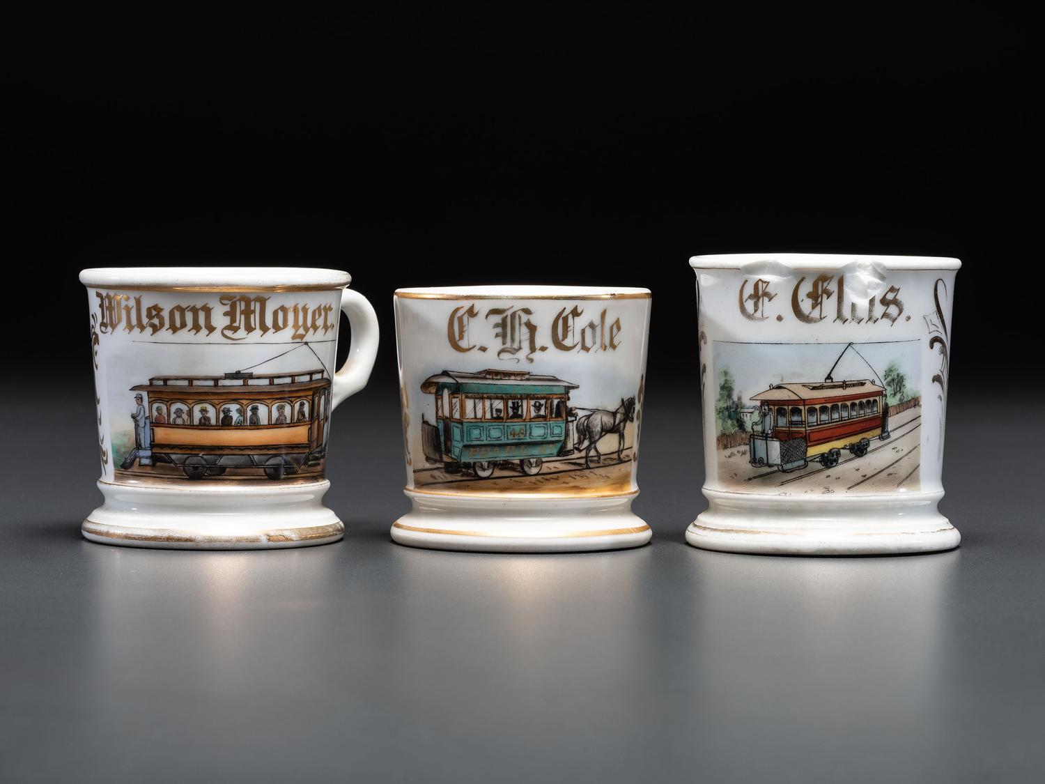 Three Trolley Operator's Porcelain Occupational Shaving Mugs