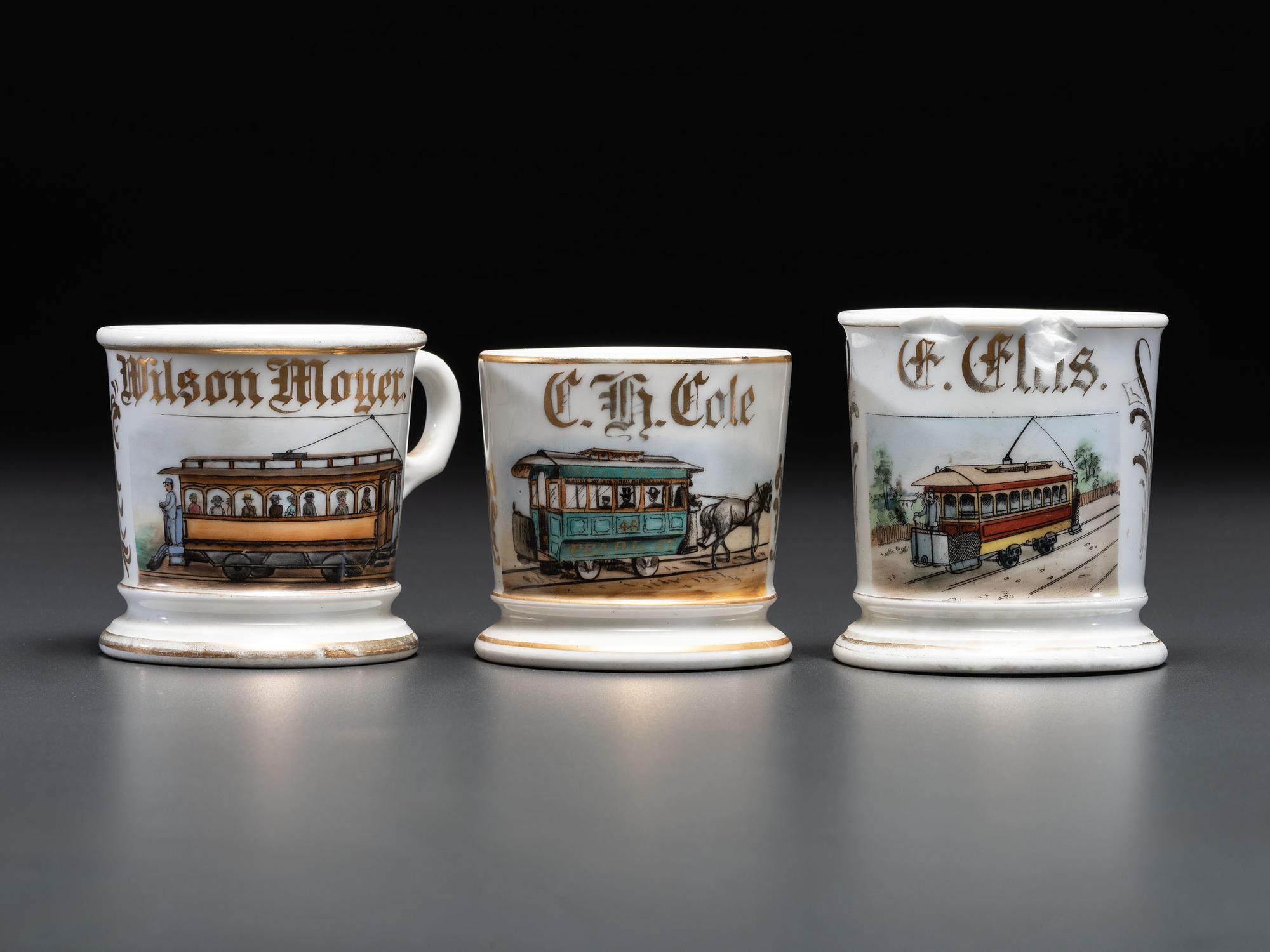 Three Trolley Operator's Porcelain Occupational Shaving Mugs