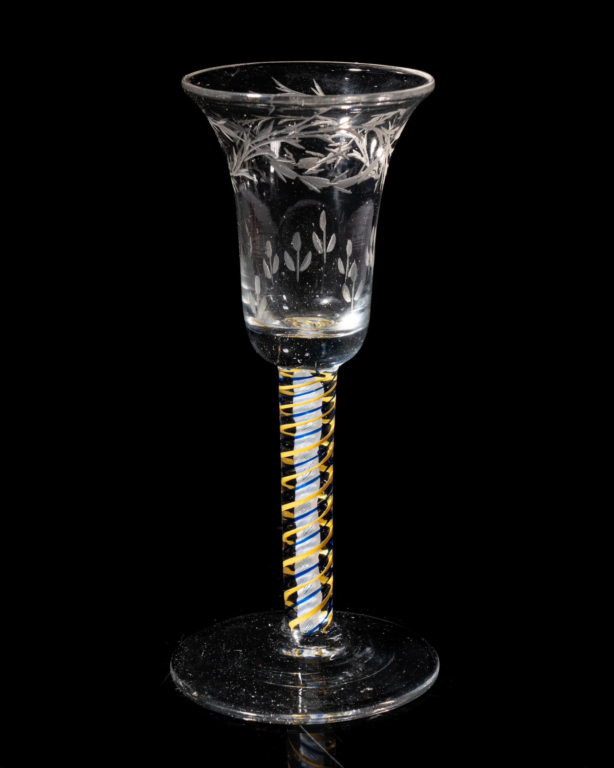 A Rare Canary-Yellow and Blue Color Twist Engraved Wine Glass
