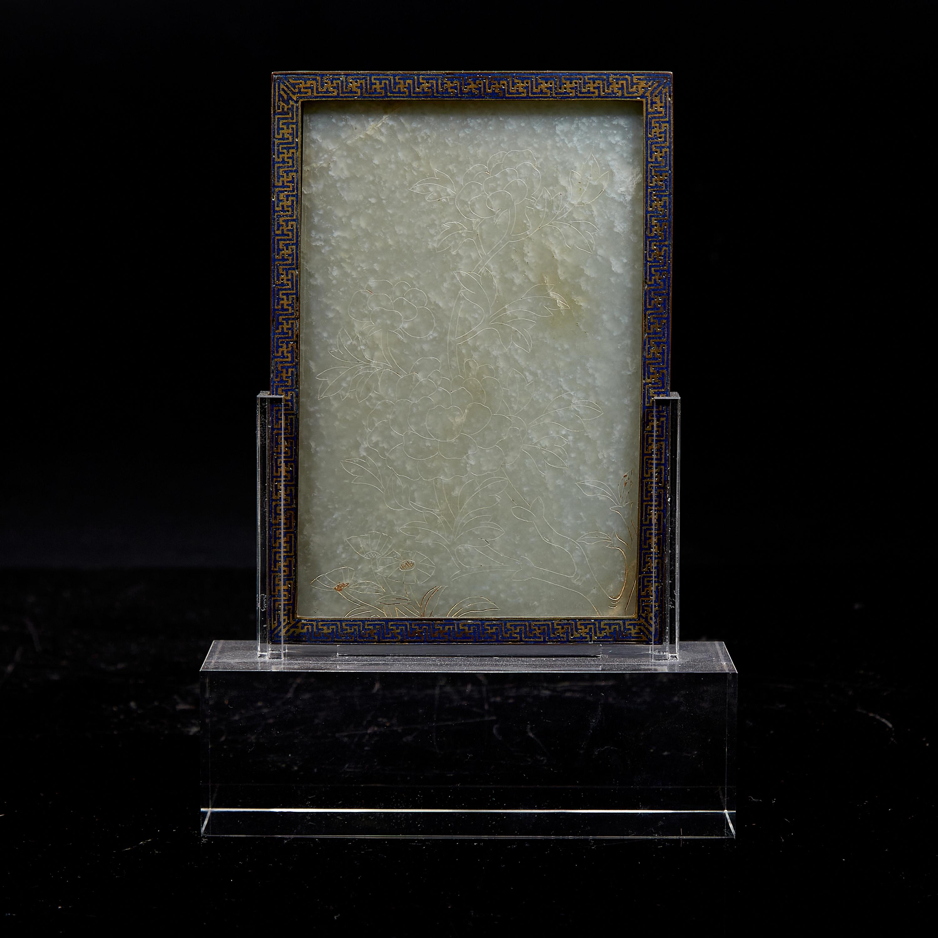 A Chinese Cloisonné Framed Celadon Jade "Shou" Plaque, 20th Century 近代 琺瑯嵌青玉壽字紋牌