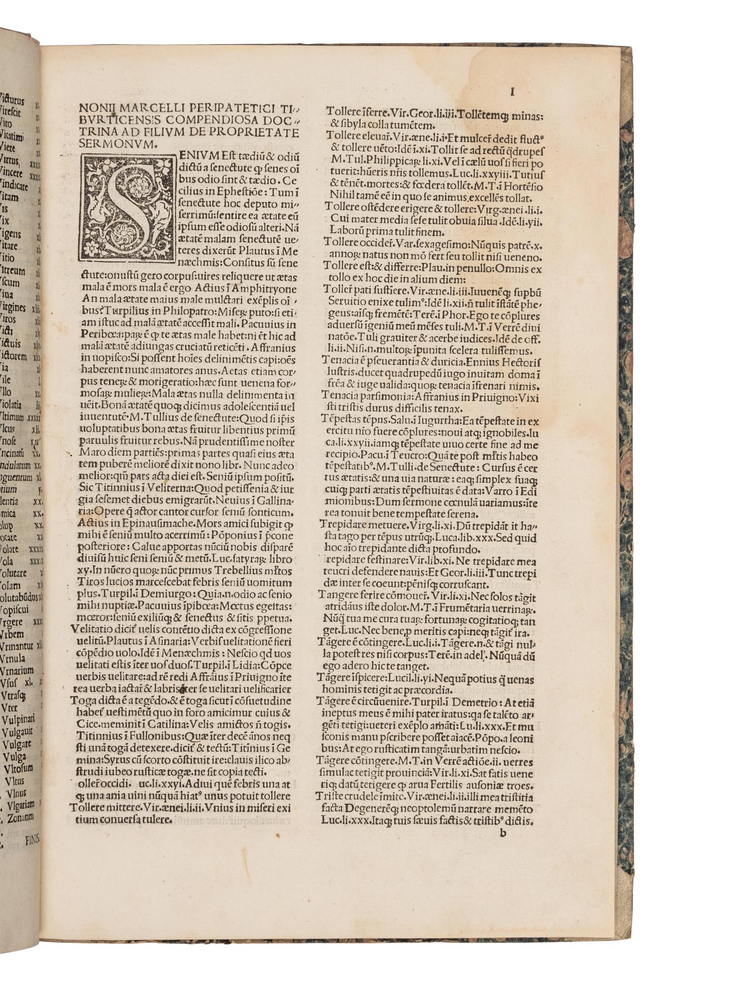 NONIUS, Marcellus. De Proprietate Sermonum -FESTUS, Sextus Pompeius. De verborum significat ione . -VARRO, Marcus Terentius. De lingua latina . Edited by Pomponius Laetus and Franciscus Rolandellus. Venice, Philippus Pincius, 17 May, 1496.