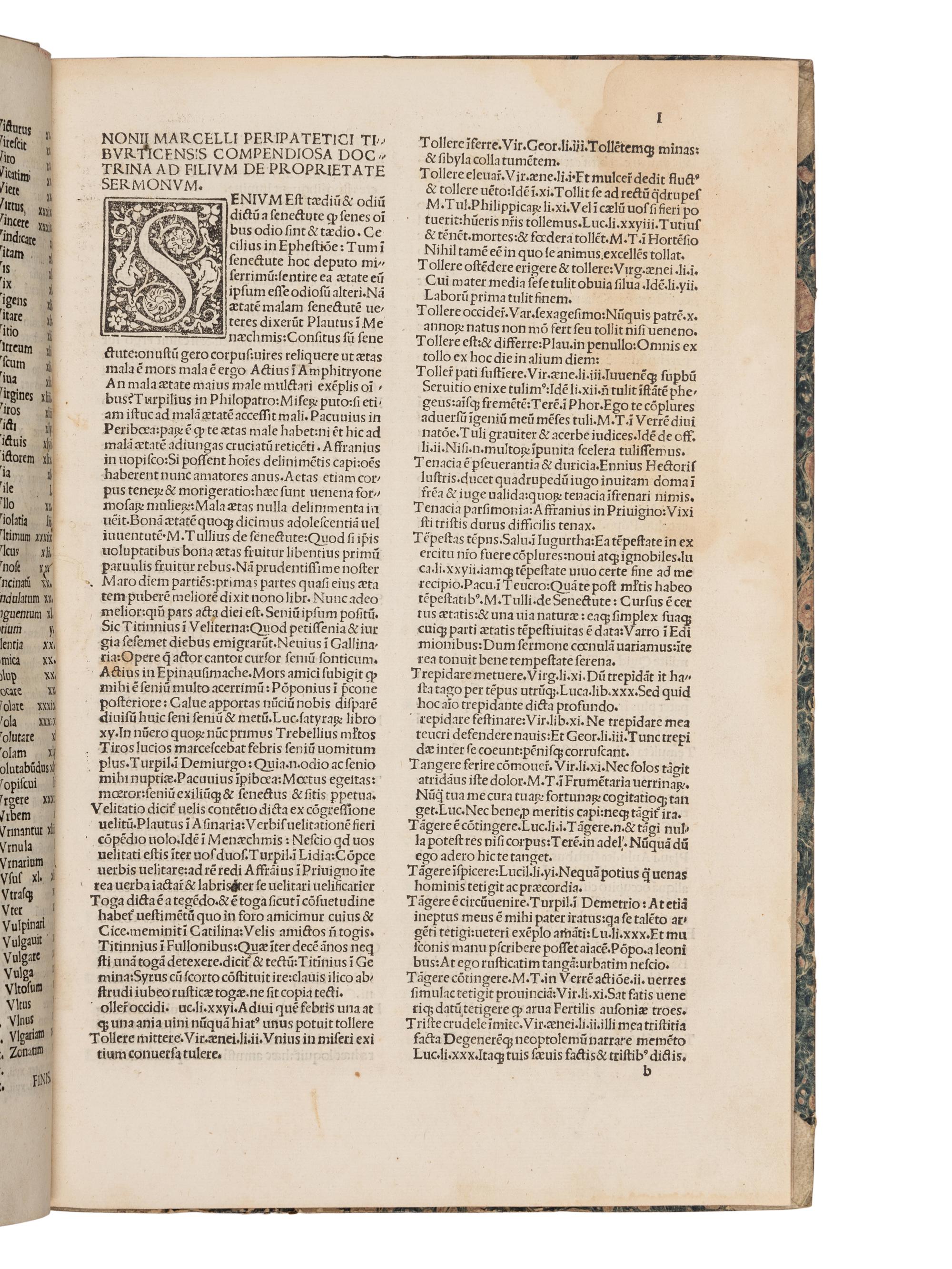 NONIUS, Marcellus. De Proprietate Sermonum -FESTUS, Sextus Pompeius. De verborum significat ione . -VARRO, Marcus Terentius. De lingua latina . Edited by Pomponius Laetus and Franciscus Rolandellus. Venice, Philippus Pincius, 17 May, 1496.