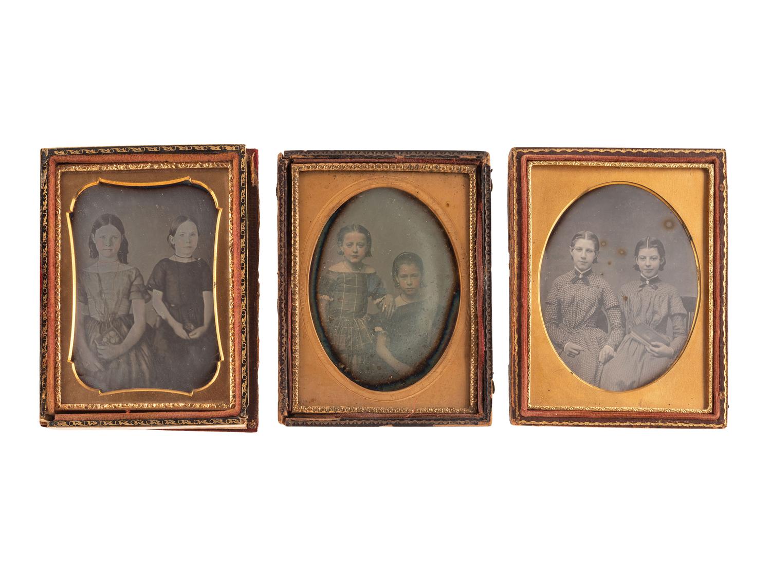 [EARLY PHOTOGRAPHY]. A group of 13 daguerreotype portraits of pairs of sisters and brothers, including: