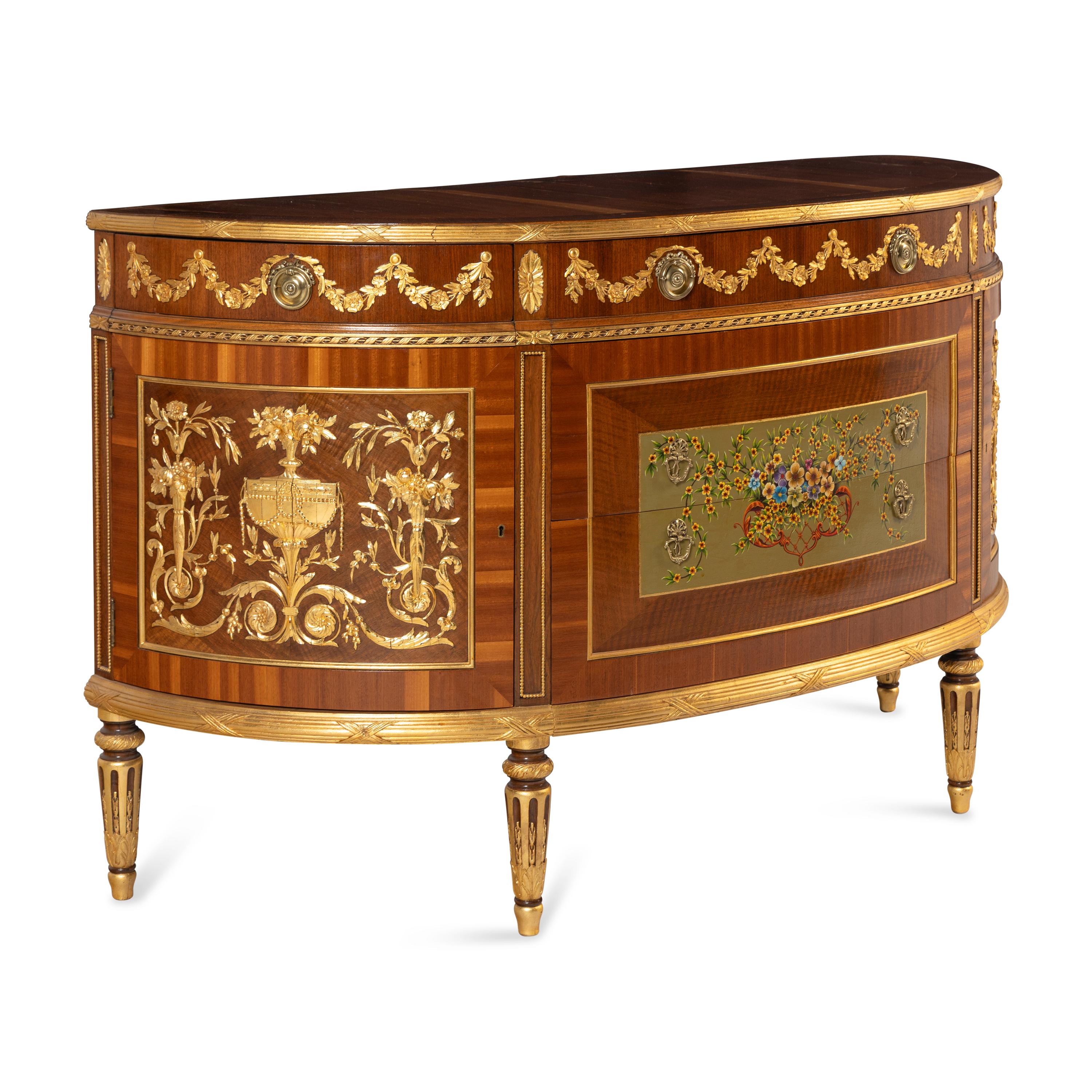 A Louis XVI Style Gilt-Bronze Mounted and Polychrome Decorated Demilune Console Cabinet