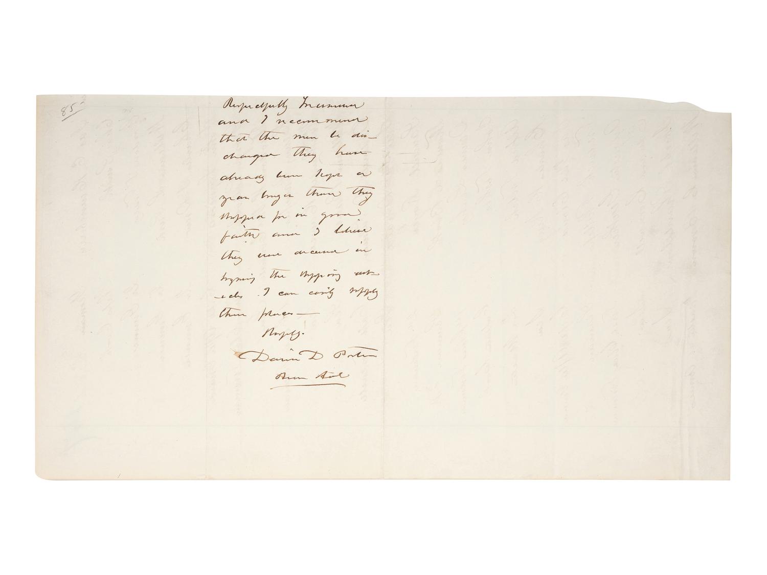 [CIVIL WAR - NAVY]. PORTER, David Dixon (1813-1891). Autograph endorsement signed ("David D. Porter / Rear Aml") on verso of document written on behalf of and listing 25 crew members of the US Ironclad Steamer " Essex ."