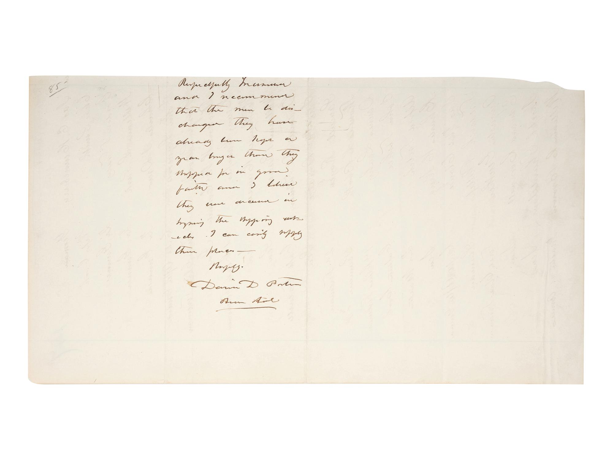 [CIVIL WAR - NAVY]. PORTER, David Dixon (1813-1891). Autograph endorsement signed ("David D. Porter / Rear Aml") on verso of document written on behalf of and listing 25 crew members of the US Ironclad Steamer " Essex ."