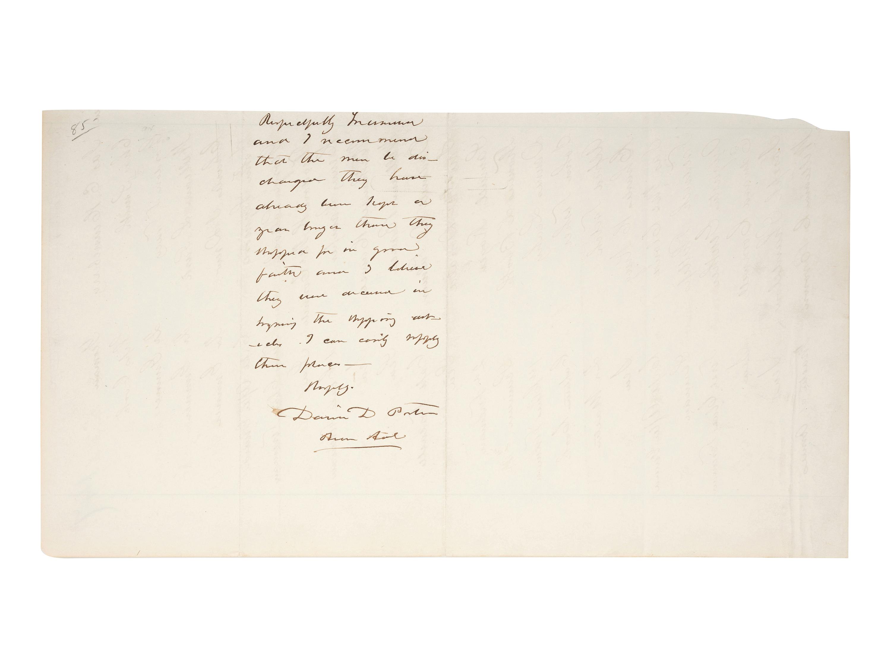 [CIVIL WAR - NAVY]. PORTER, David Dixon (1813-1891). Autograph endorsement signed ("David D. Porter / Rear Aml") on verso of document written on behalf of and listing 25 crew members of the US Ironclad Steamer " Essex ."