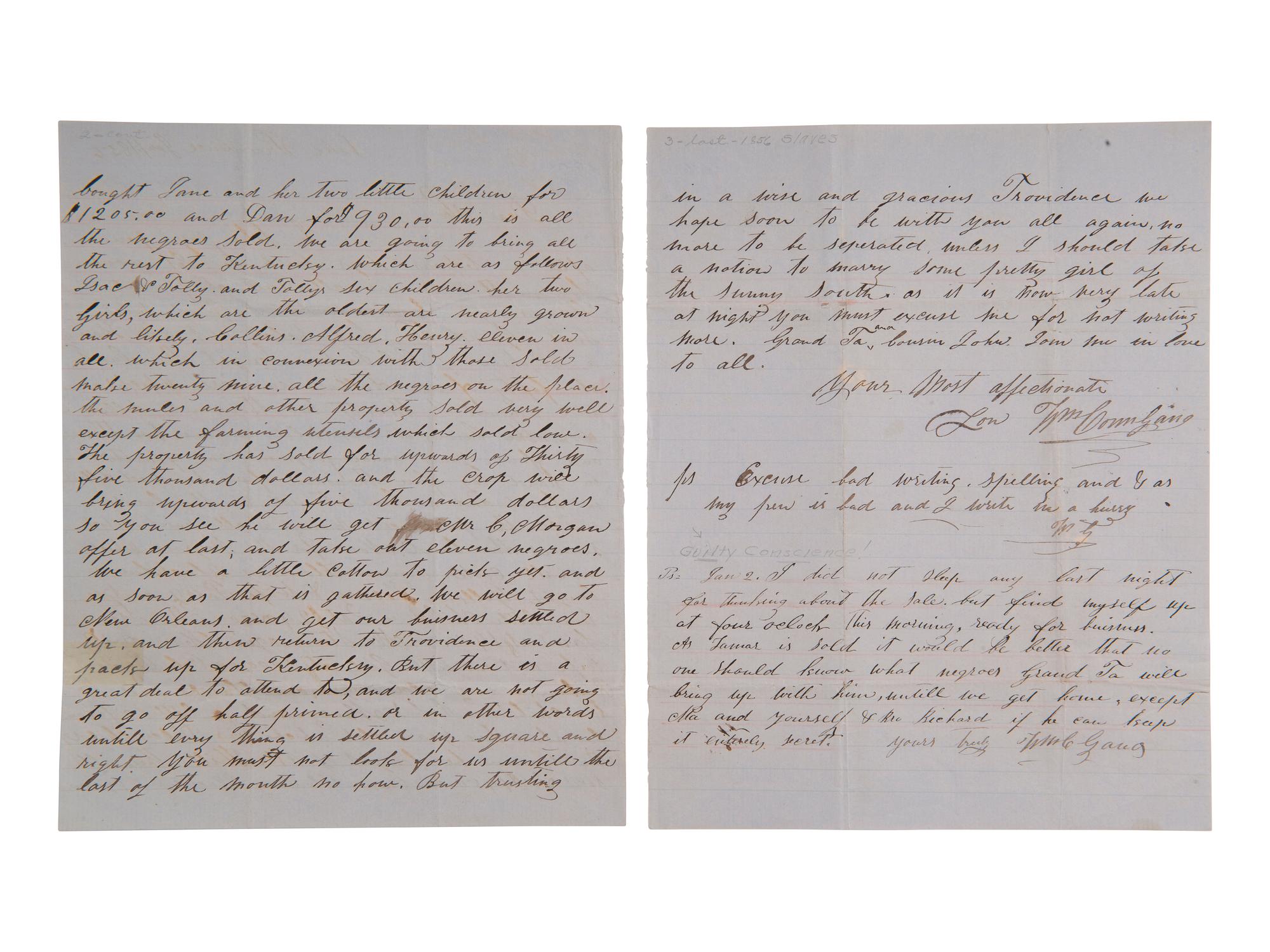 [ENSLAVEMENT]. Letter listing sold slaves with prices, and buyers' names. Lake Providence, 1856.