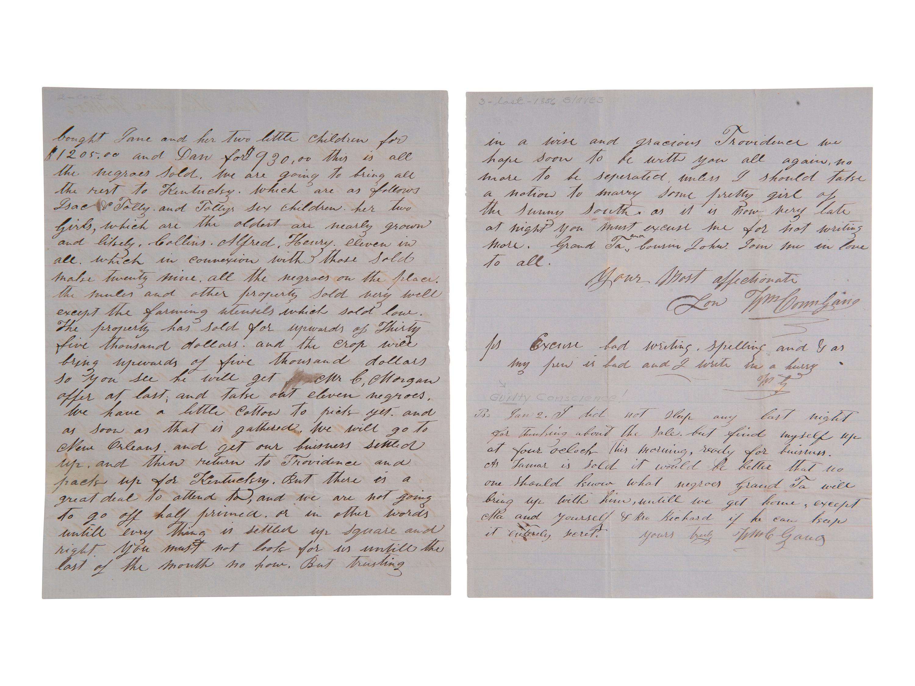 [ENSLAVEMENT]. Letter listing sold slaves with prices, and buyers' names. Lake Providence, 1856.