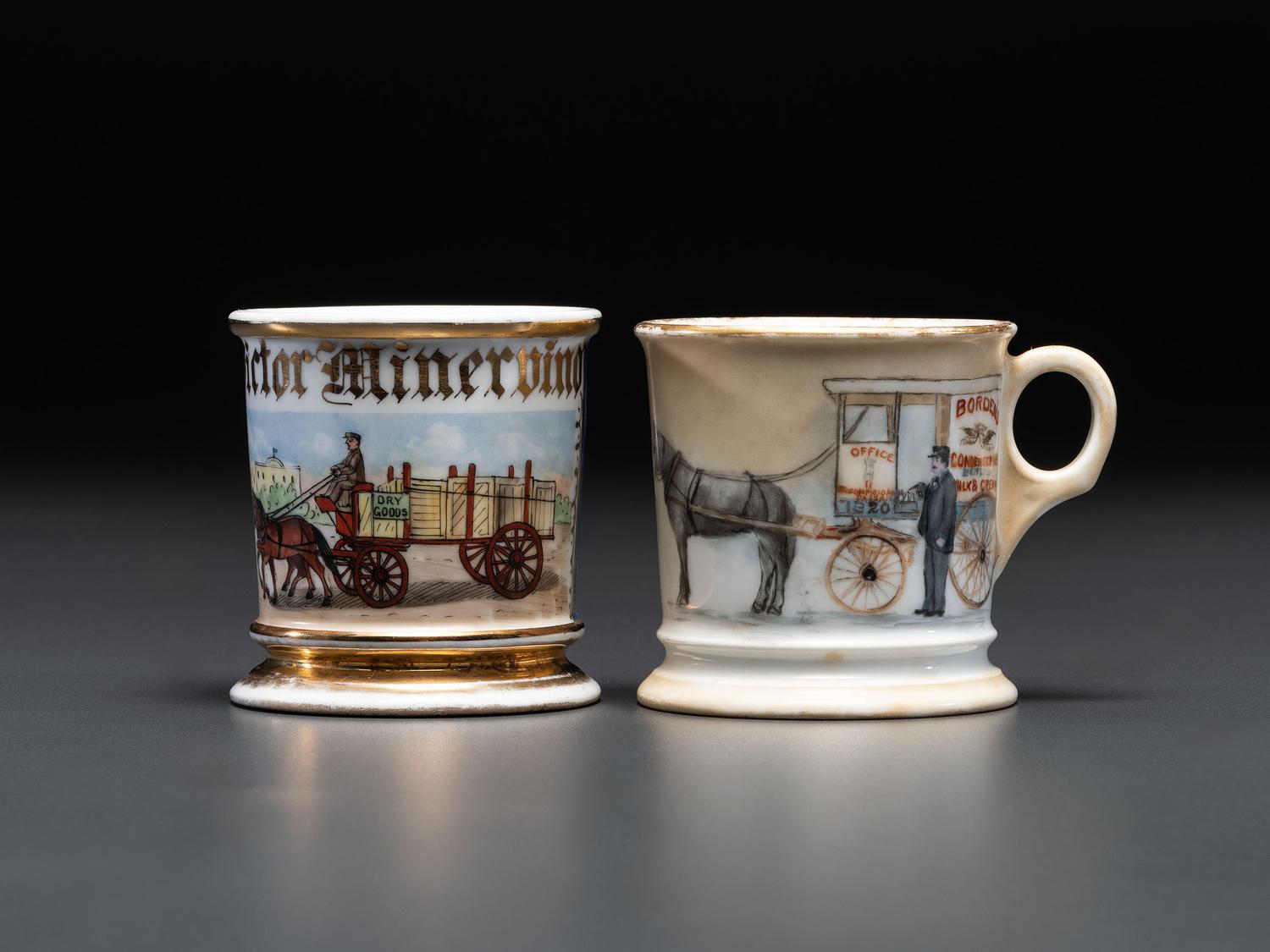 Two Horse-Drawn Delivery Wagon Porcelain Occupational Shaving Mugs
