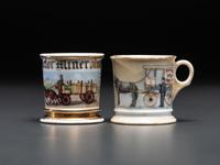 Two Horse-Drawn Delivery Wagon Porcelain Occupational Shaving Mugs