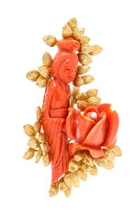A Yellow Gold, Carved Coral and Cultured Pearl Brooch, 27.00 dwts.