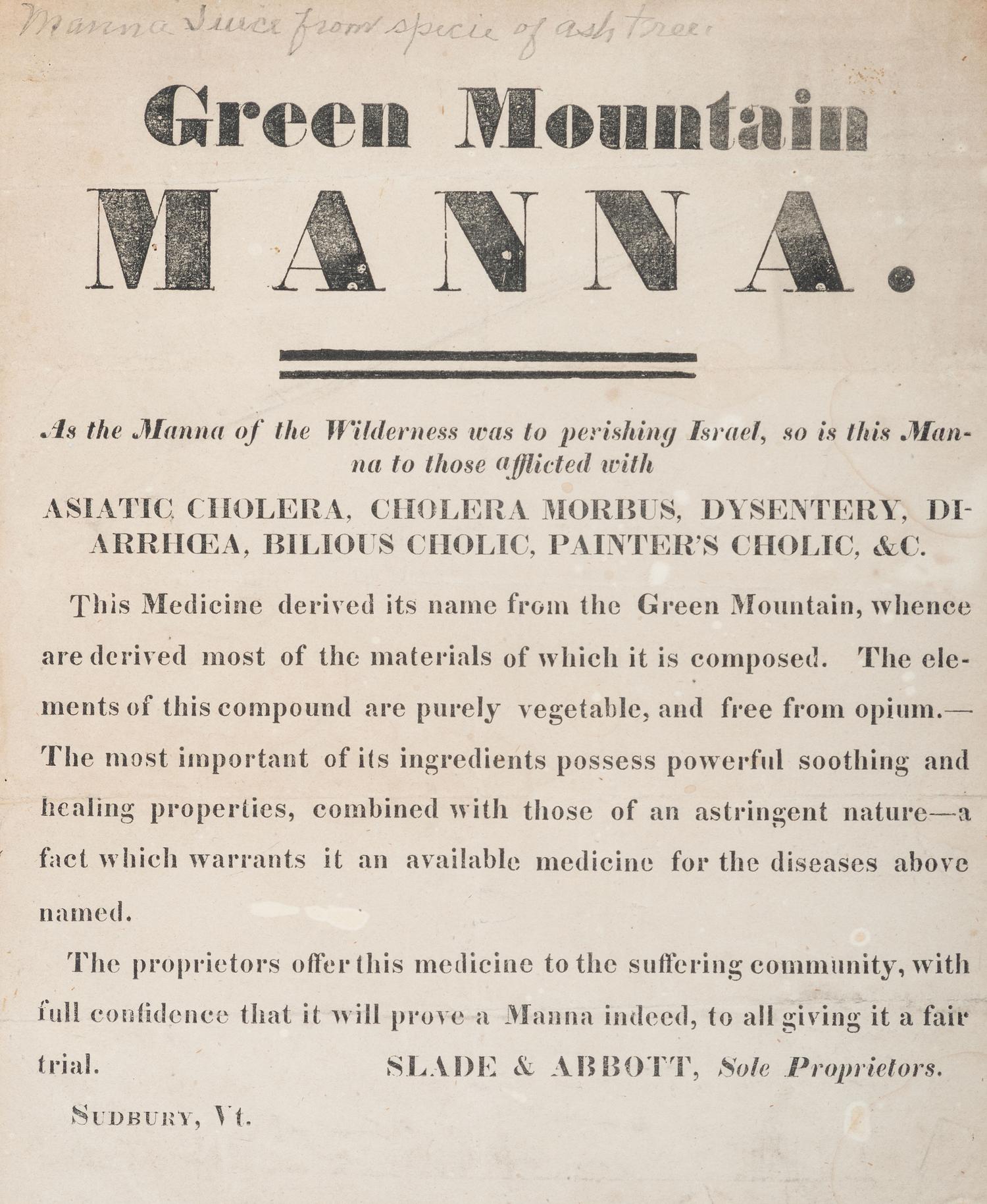 [ADVERTISING] -- [MEDICINE]. A group of 4 broadsides advertising medicines and a treatment facility, comprising: