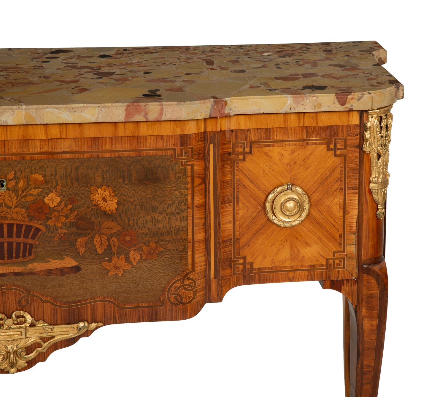 A Louis XV Style Gilt Bronze Mounted Kingwood and Marquetry Marble-Top Commode