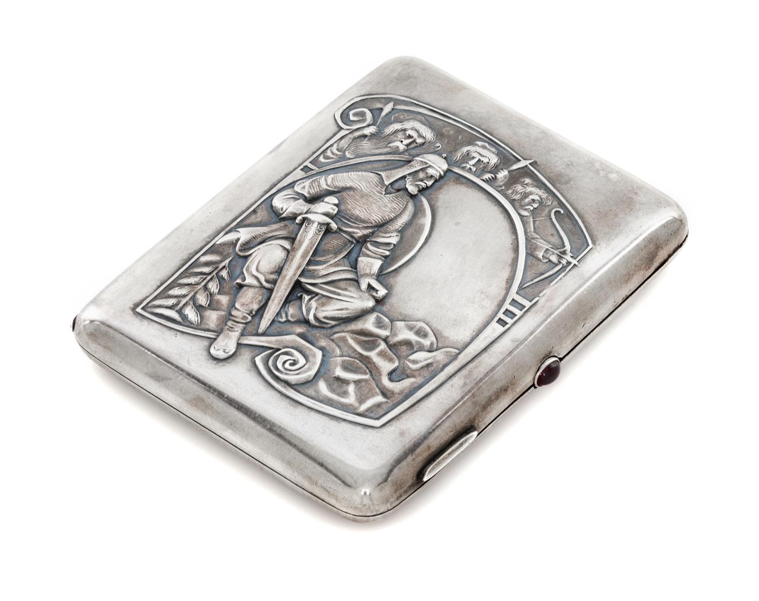 A Russian Silver Cigarette Case, Maker's mark obscured, Moscow, early 20th century, the lid worked to show an armored warrior seated on