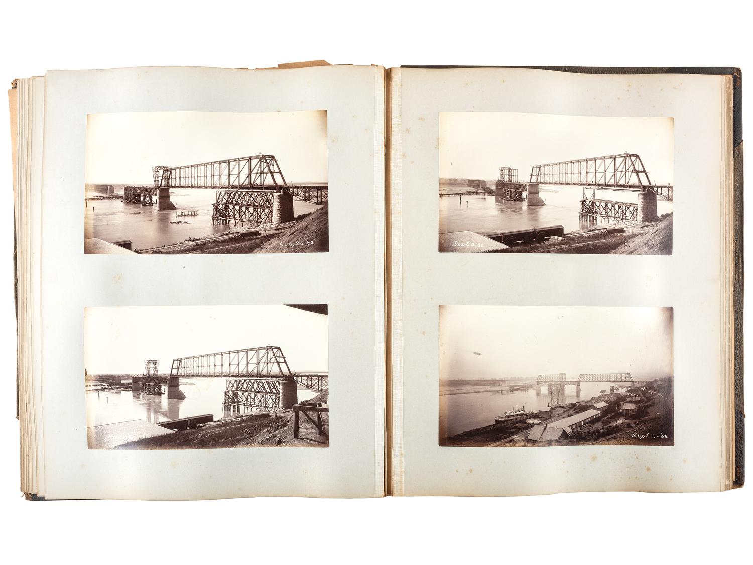[WESTERN AMERICANA]. Album of photographs showing the construction of the "Bismarck Bridge." [Dakota Territory]: [F. Jay Haynes], [1882].
