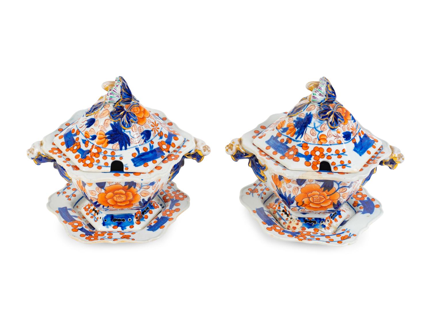 A Pair of Masons Ironstone Sauce Tureens with Underplates