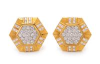 A Pair of 18 Karat Yellow Gold and Diamond Earclips,