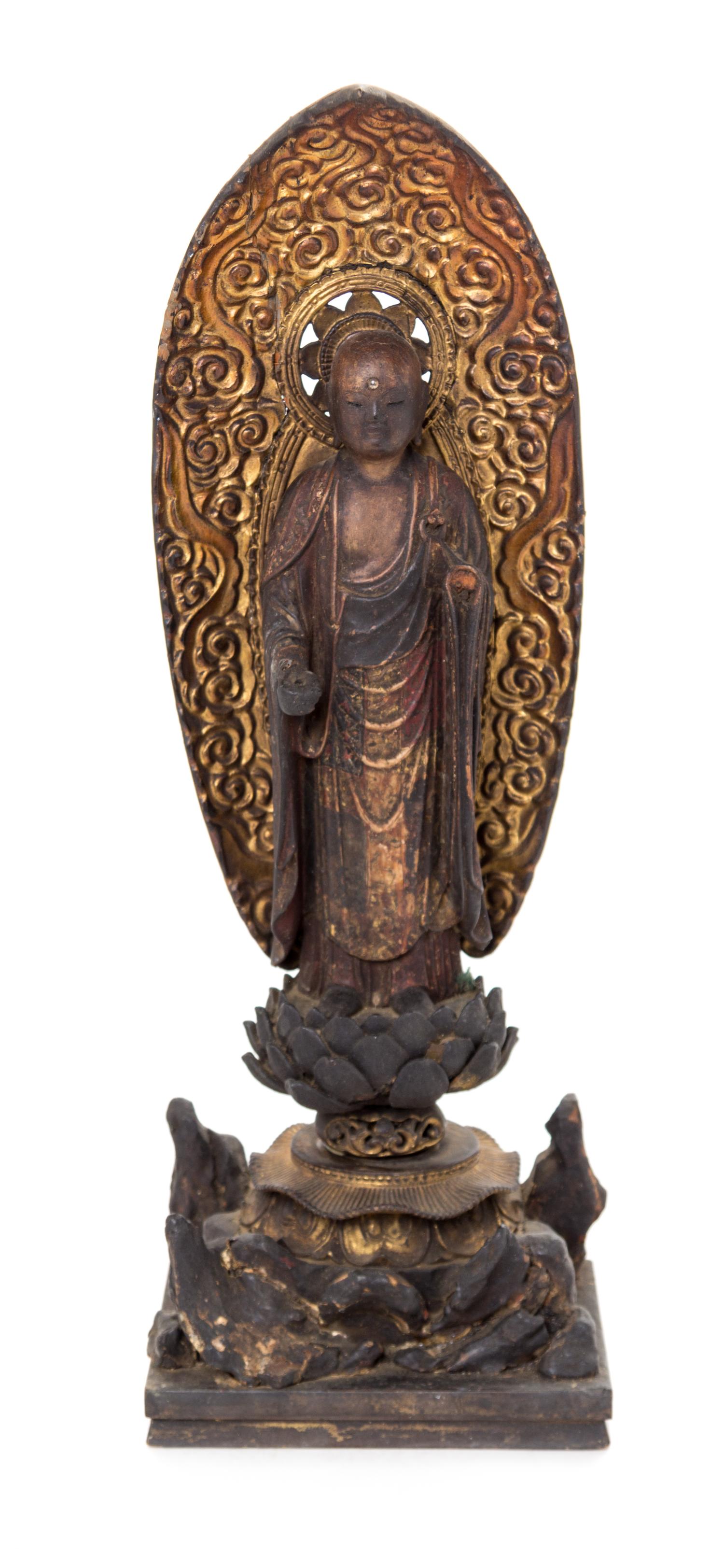 A Japanese Gilt Decorated Wood Figure of Buddha Height 17 1/2 inches. — 18TH/19TH CENTURY