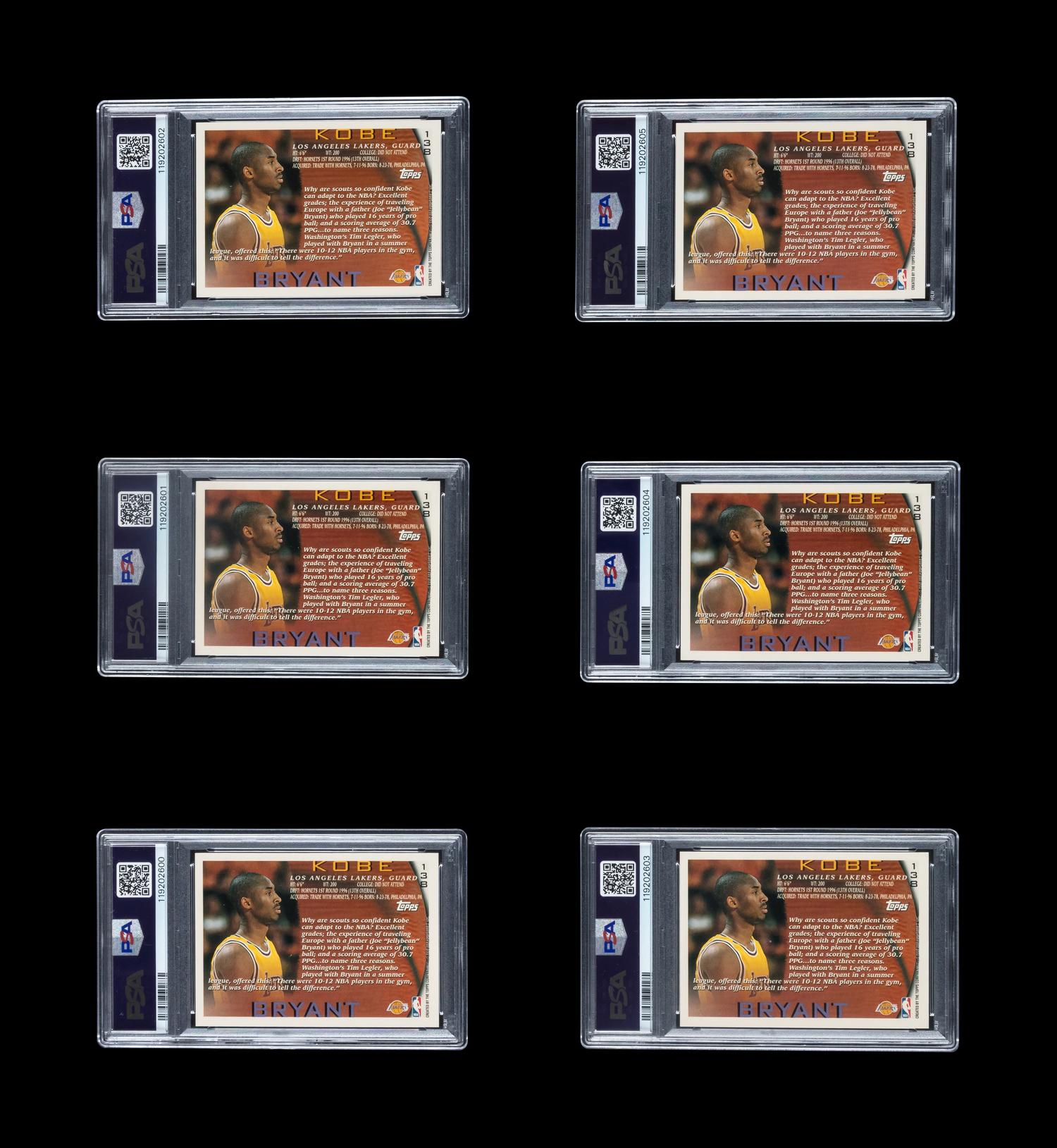 A Collection of Six PSA Graded 1996 Topps Kobe Bryant Rookie Basketball Cards No. 138 (Four PSA 9 MINT and Two PSA 8 NM-MT)