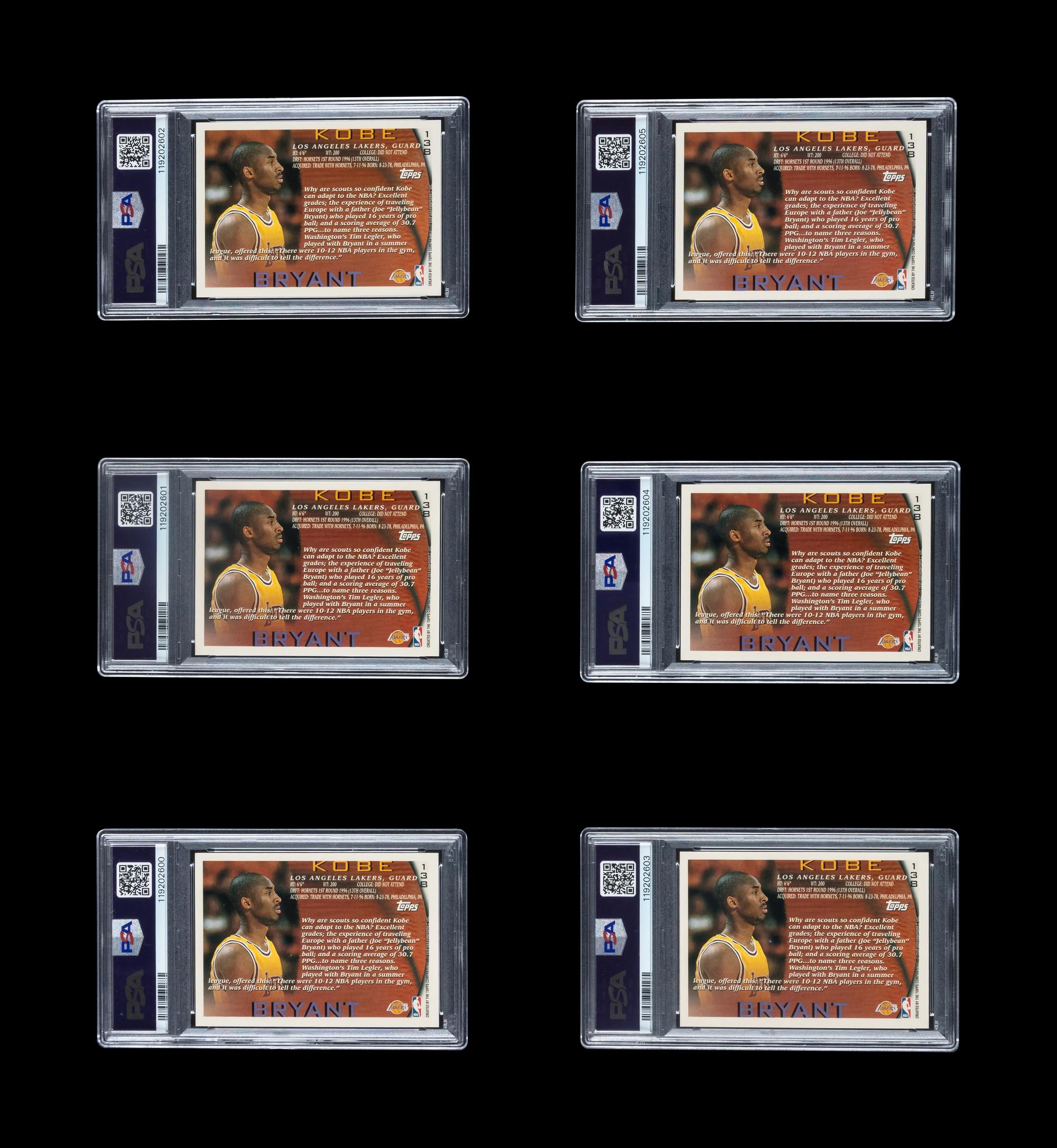 A Collection of Six PSA Graded 1996 Topps Kobe Bryant Rookie Basketball Cards No. 138 (Four PSA 9 MINT and Two PSA 8 NM-MT)