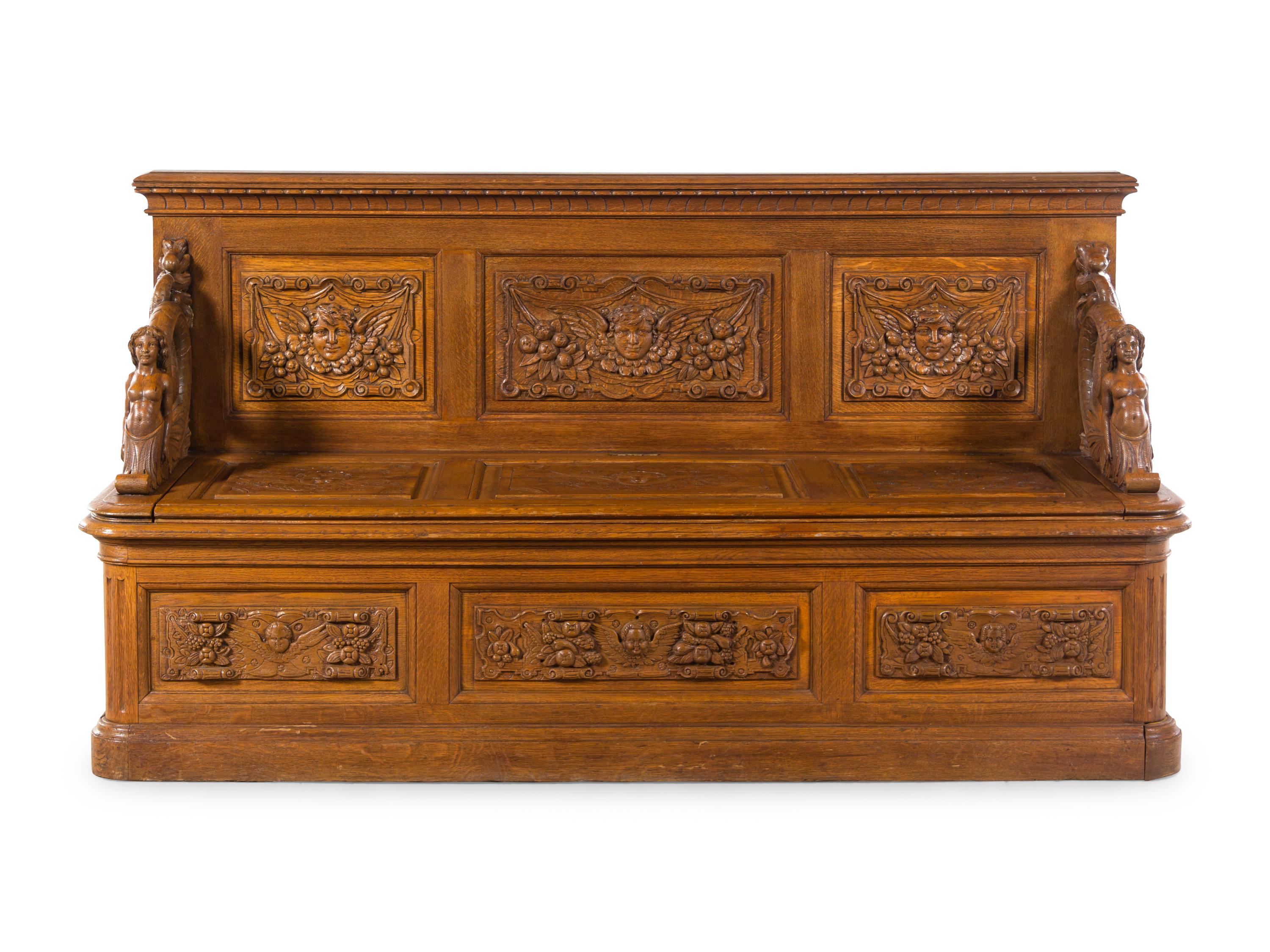 A Renaissance Revival Carved Walnut Hall Bench in the Manner of R.J. Horner