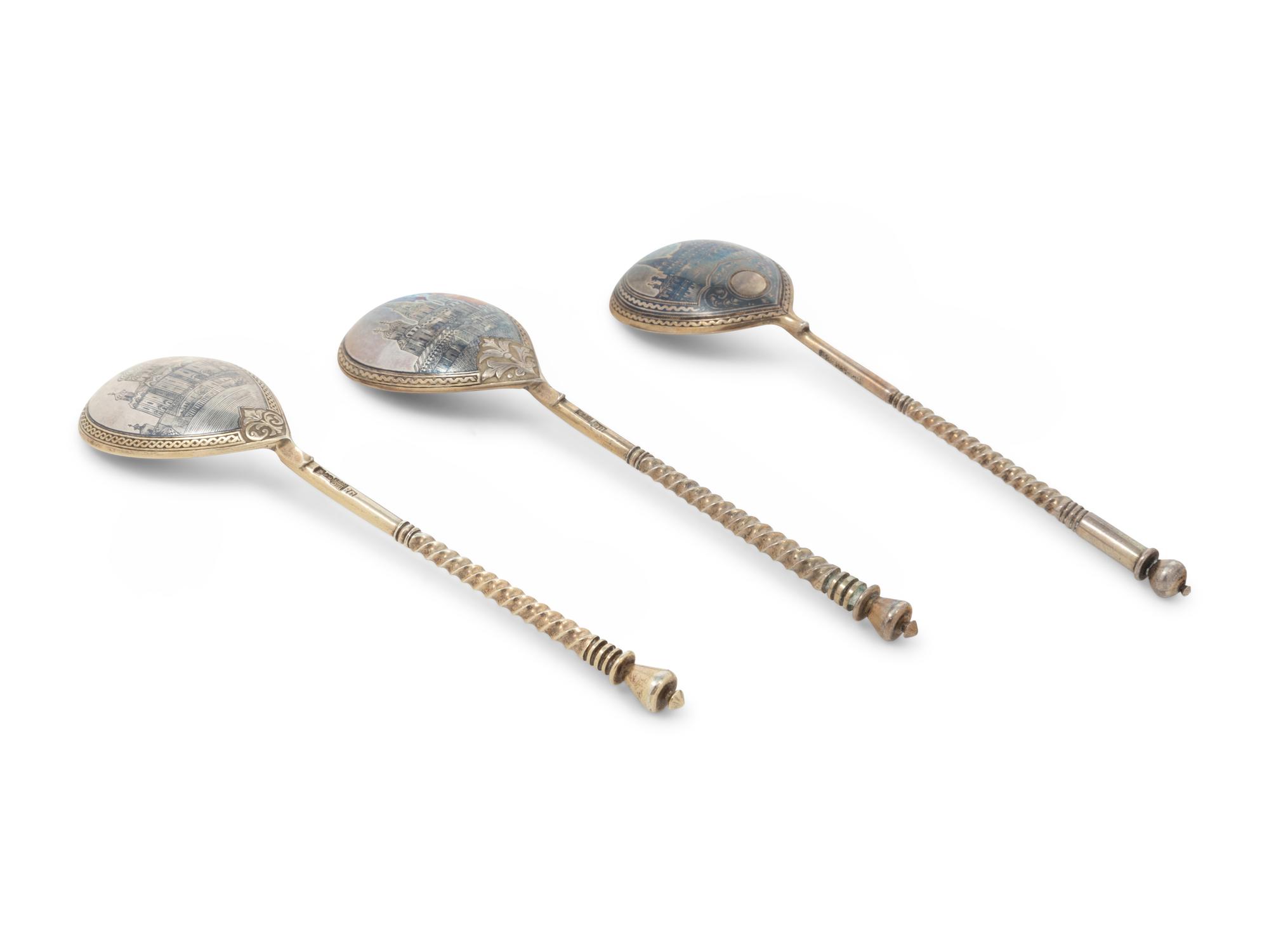 Three Russian Niello Silver Spoons