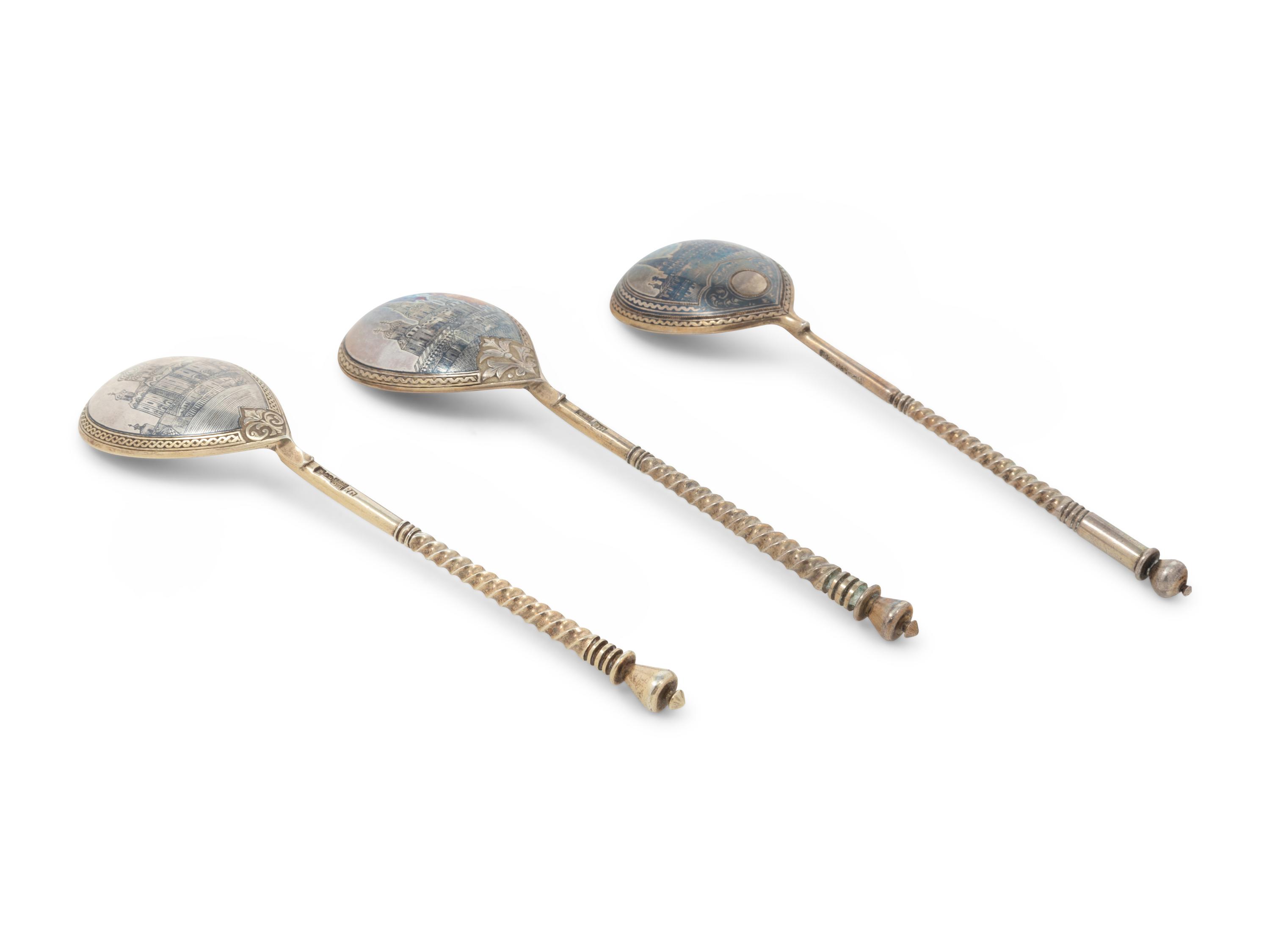 Three Russian Niello Silver Spoons