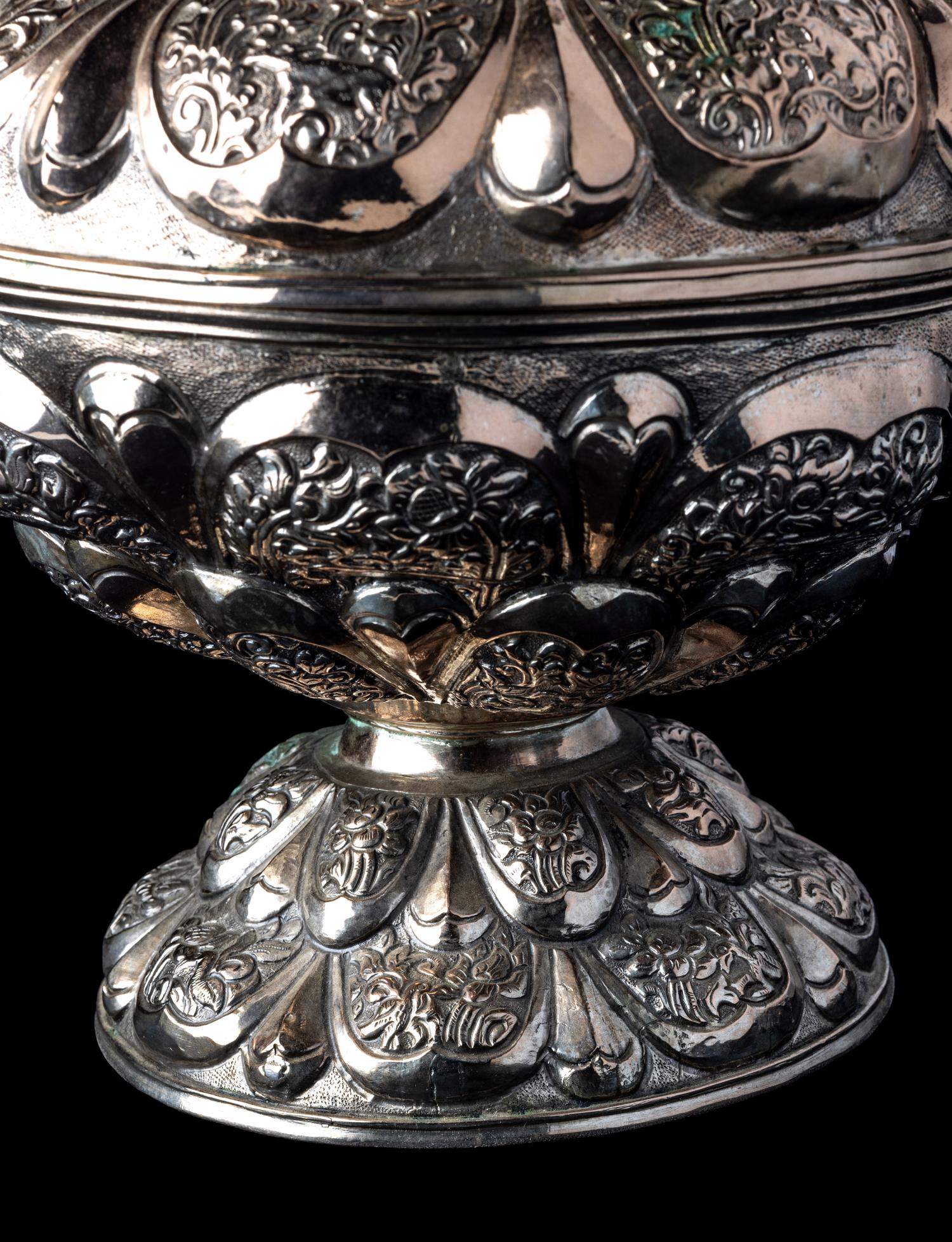 A Southeast Asian Silvered Metal Covered Pedestal Bowl