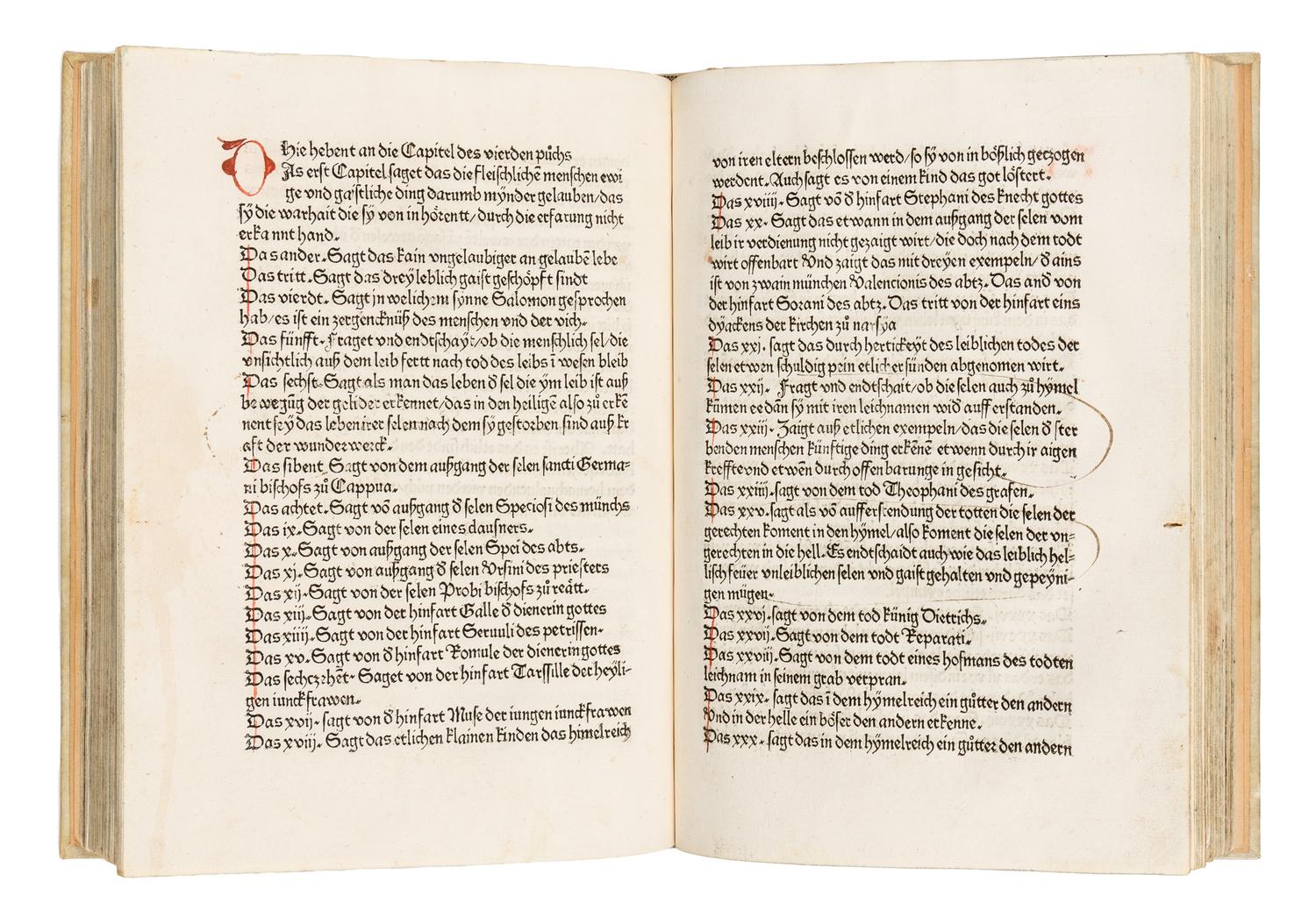 GREGORIUS I (Saint, c.540-604). Dialogorum libri quattuor , in German: Das buch der zwayer red mit ainander . Edited by Johannes von Speyer, with 5 other texts in German: TUNDALUS. De eius visio, sive de raptu animae: Die Gesicht Tundali . - BEDA. V isio Fursei: Das Wunderzeichen des Bishof Forsee . - Speculum mundi: Spiegel der Welt . - Ars moriendi: Kunst des Sterbens . - Cordiale quattuor novissimorum: Die vier letzte Dinge . [Augsburg: Johann Bamler at the Monastery of SS. Ulrich and Afra], 1473.