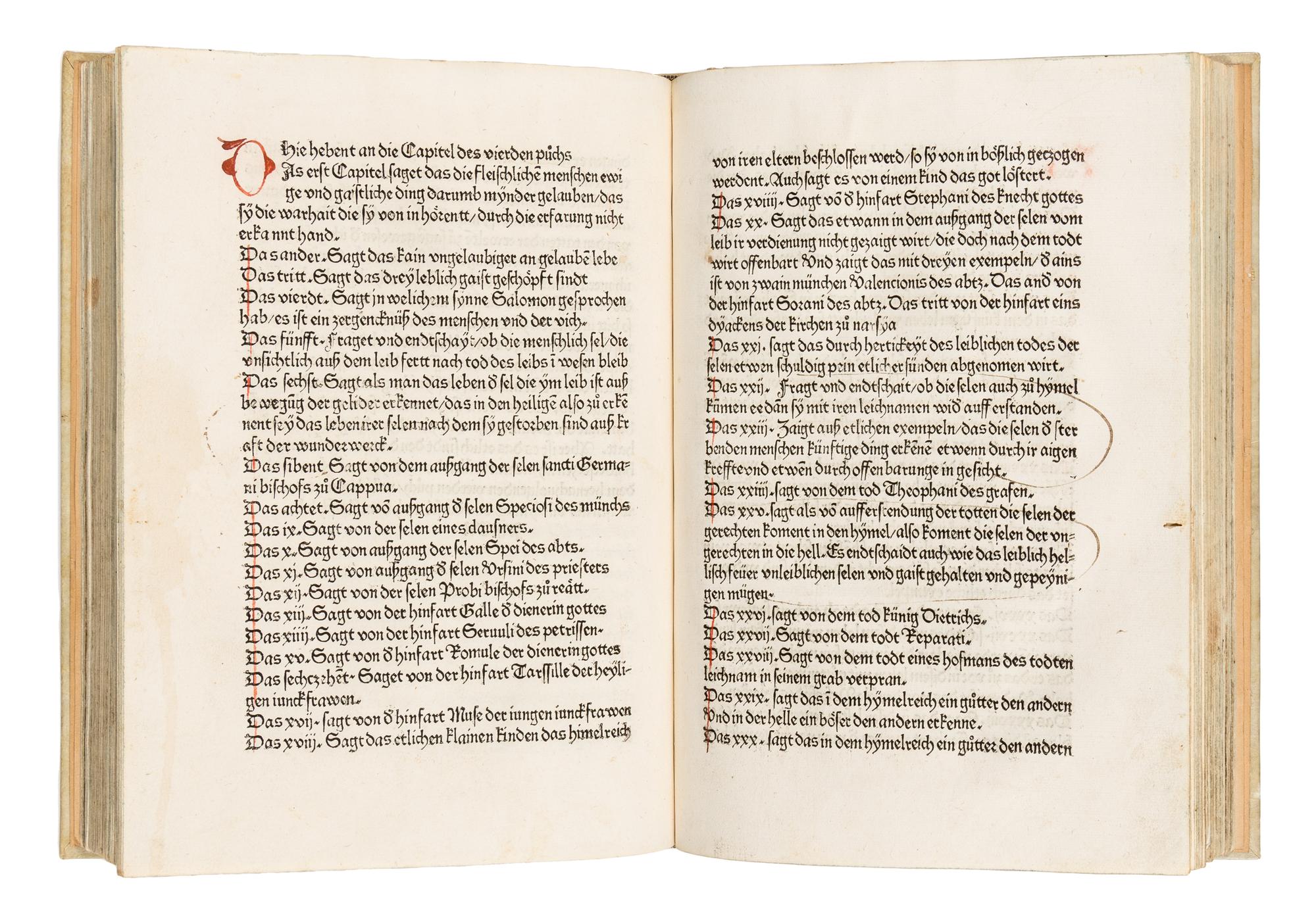 GREGORIUS I (Saint, c.540-604). Dialogorum libri quattuor , in German: Das buch der zwayer red mit ainander . Edited by Johannes von Speyer, with 5 other texts in German: TUNDALUS. De eius visio, sive de raptu animae: Die Gesicht Tundali . - BEDA. V isio Fursei: Das Wunderzeichen des Bishof Forsee . - Speculum mundi: Spiegel der Welt . - Ars moriendi: Kunst des Sterbens . - Cordiale quattuor novissimorum: Die vier letzte Dinge . [Augsburg: Johann Bamler at the Monastery of SS. Ulrich and Afra], 1473.