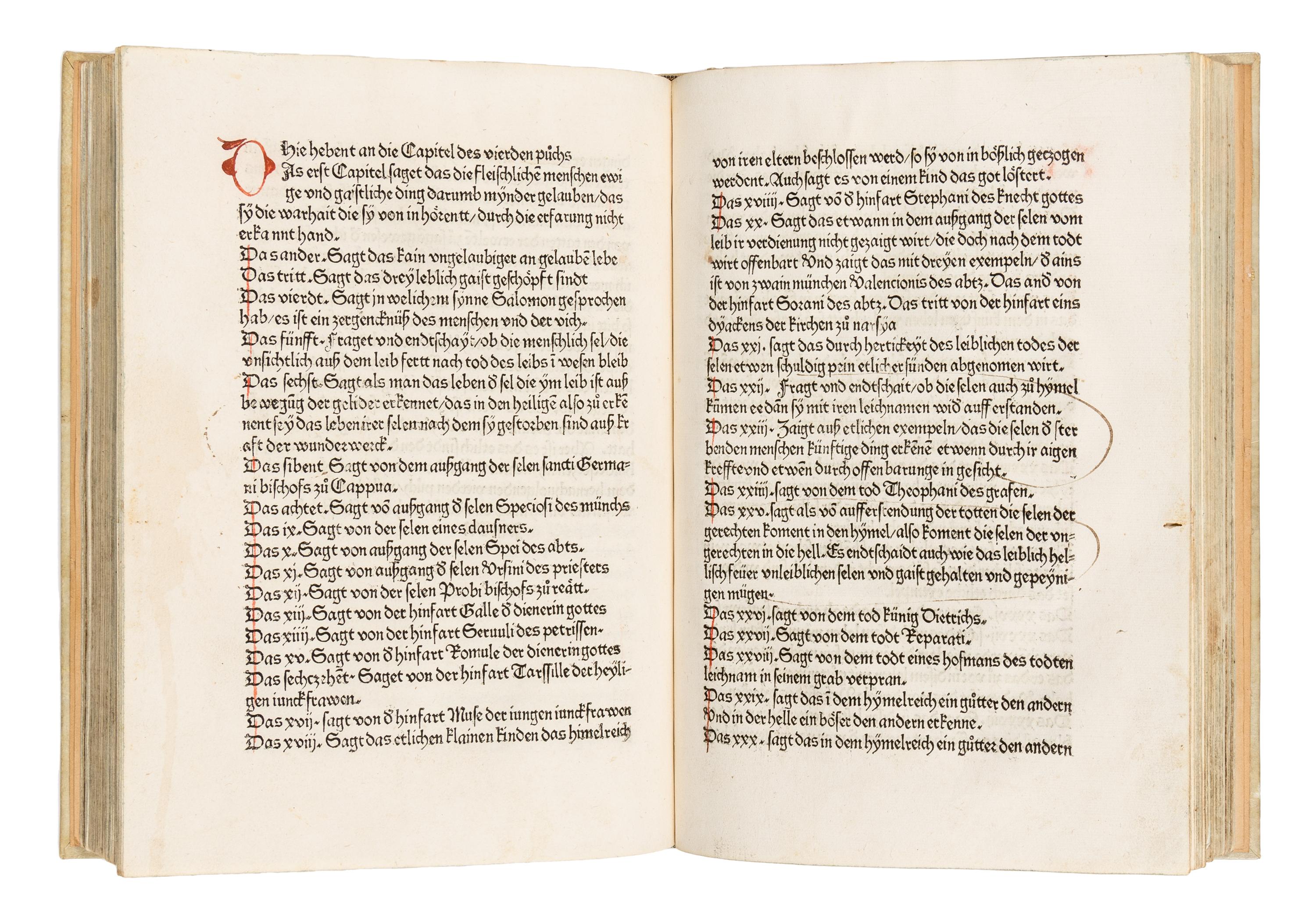 GREGORIUS I (Saint, c.540-604). Dialogorum libri quattuor , in German: Das buch der zwayer red mit ainander . Edited by Johannes von Speyer, with 5 other texts in German: TUNDALUS. De eius visio, sive de raptu animae: Die Gesicht Tundali . - BEDA. V isio Fursei: Das Wunderzeichen des Bishof Forsee . - Speculum mundi: Spiegel der Welt . - Ars moriendi: Kunst des Sterbens . - Cordiale quattuor novissimorum: Die vier letzte Dinge . [Augsburg: Johann Bamler at the Monastery of SS. Ulrich and Afra], 1473.