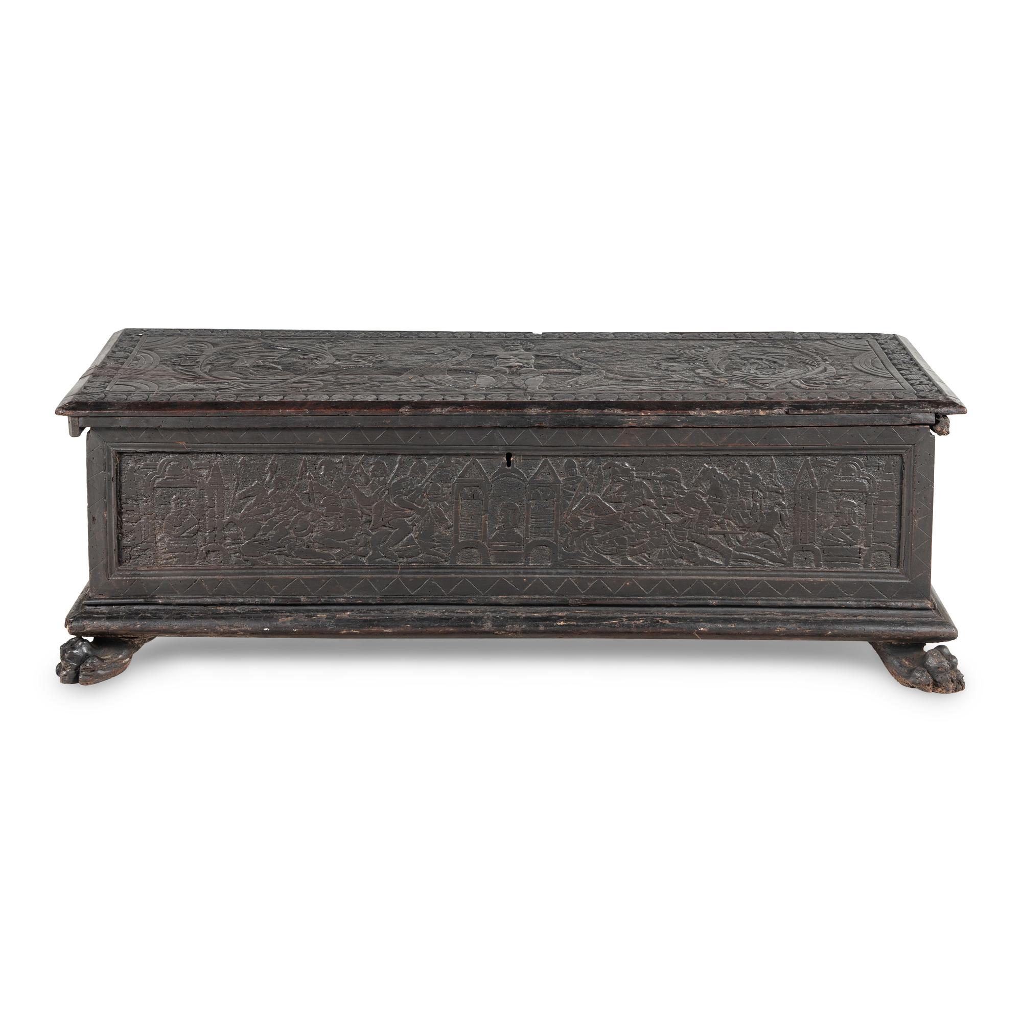 A Continental Carved Oak Coffer