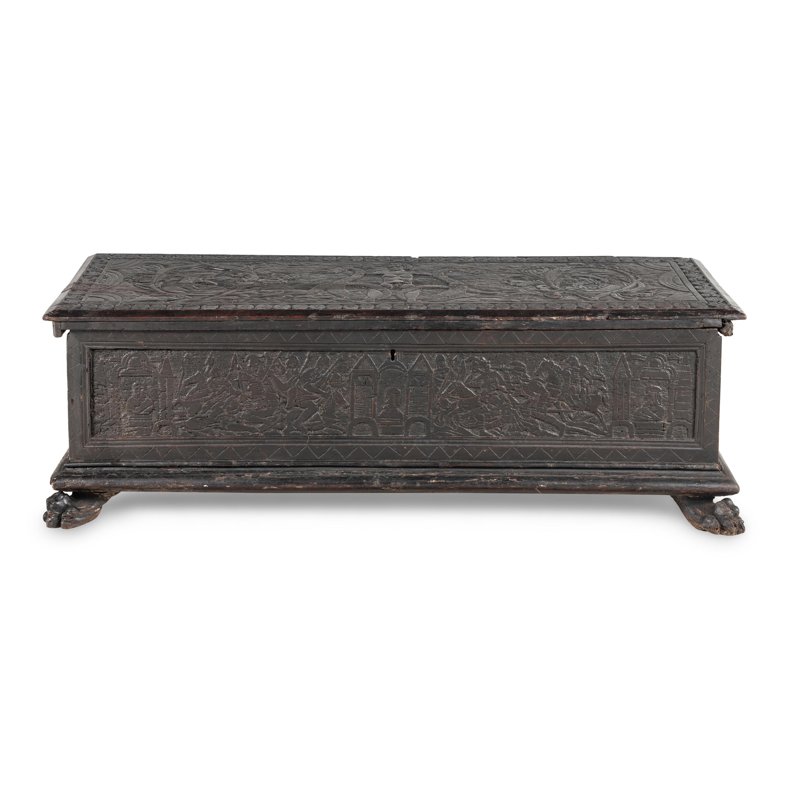 A Continental Carved Oak Coffer