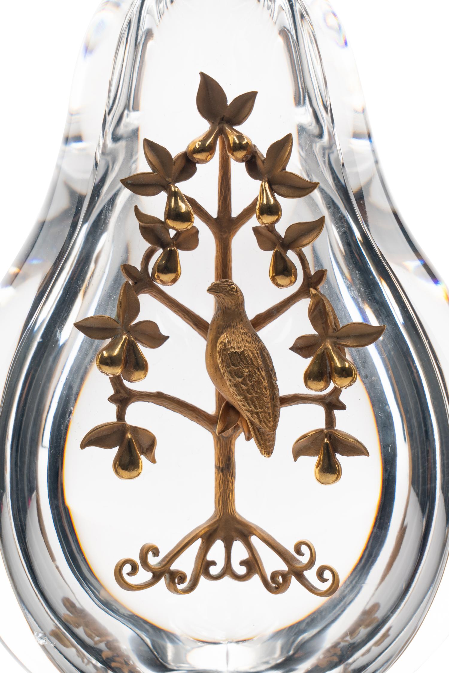 A Steuben Glass and 18 Karat Gold Partridge in a Pear Tree Sculpture