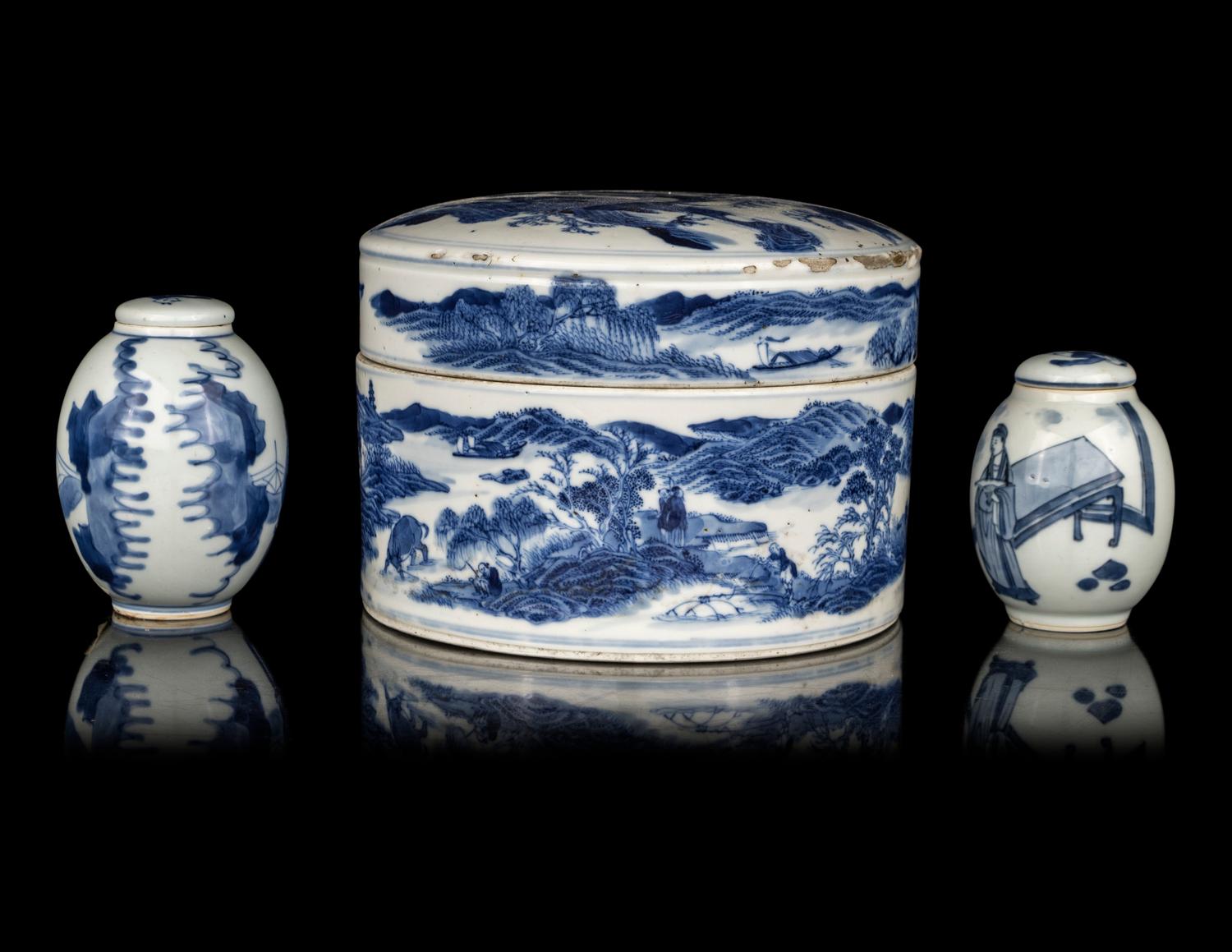 Three Chinese Export Blue and White Porcelain Covered Jars