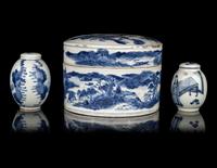Three Chinese Export Blue and White Porcelain Covered Jars