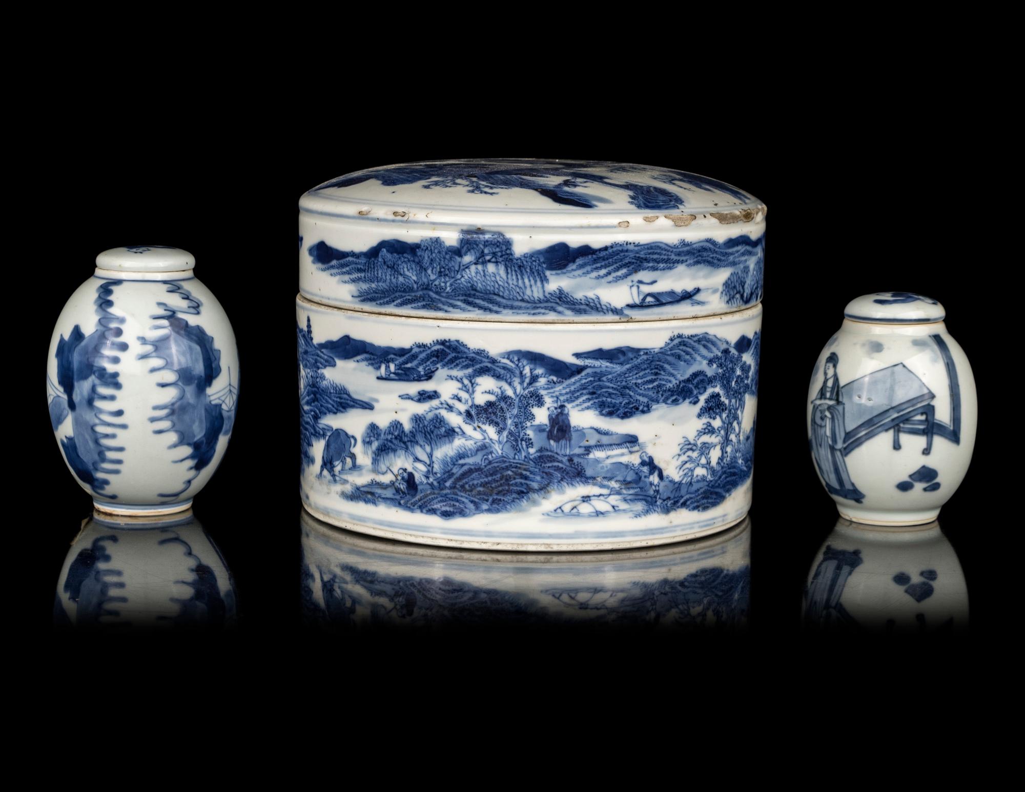Three Chinese Export Blue and White Porcelain Covered Jars