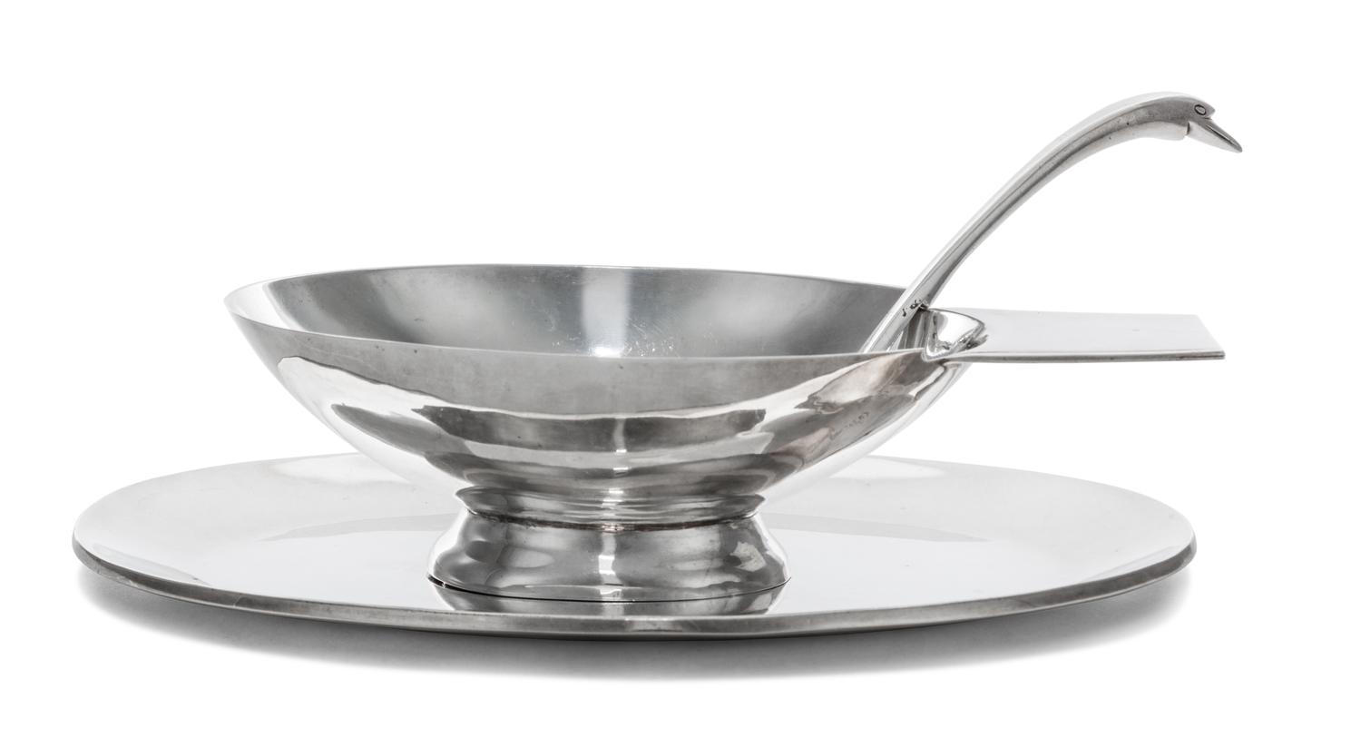 A Mexican Silver Sauce Set, Juvetino Lopez Reyes, Mexico City, 20th Century, comprising a sauce boat, tray and ladle.