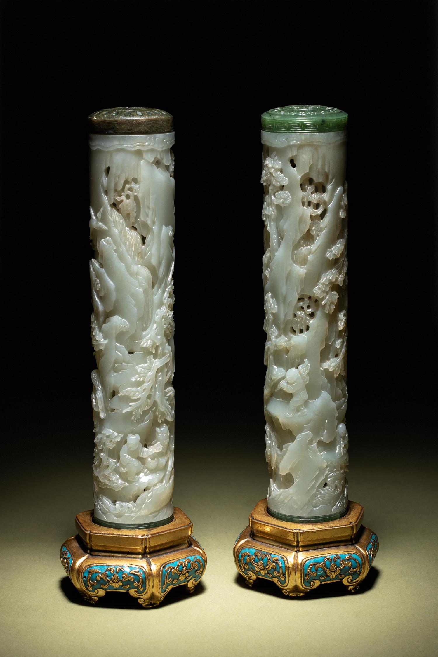 A Pair of Carved Celadon Jade Cylindrical Parfumiers