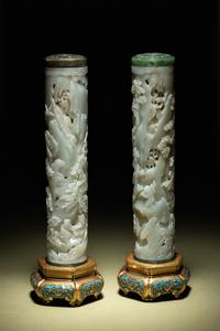 A Pair of Carved Celadon Jade Cylindrical Parfumiers