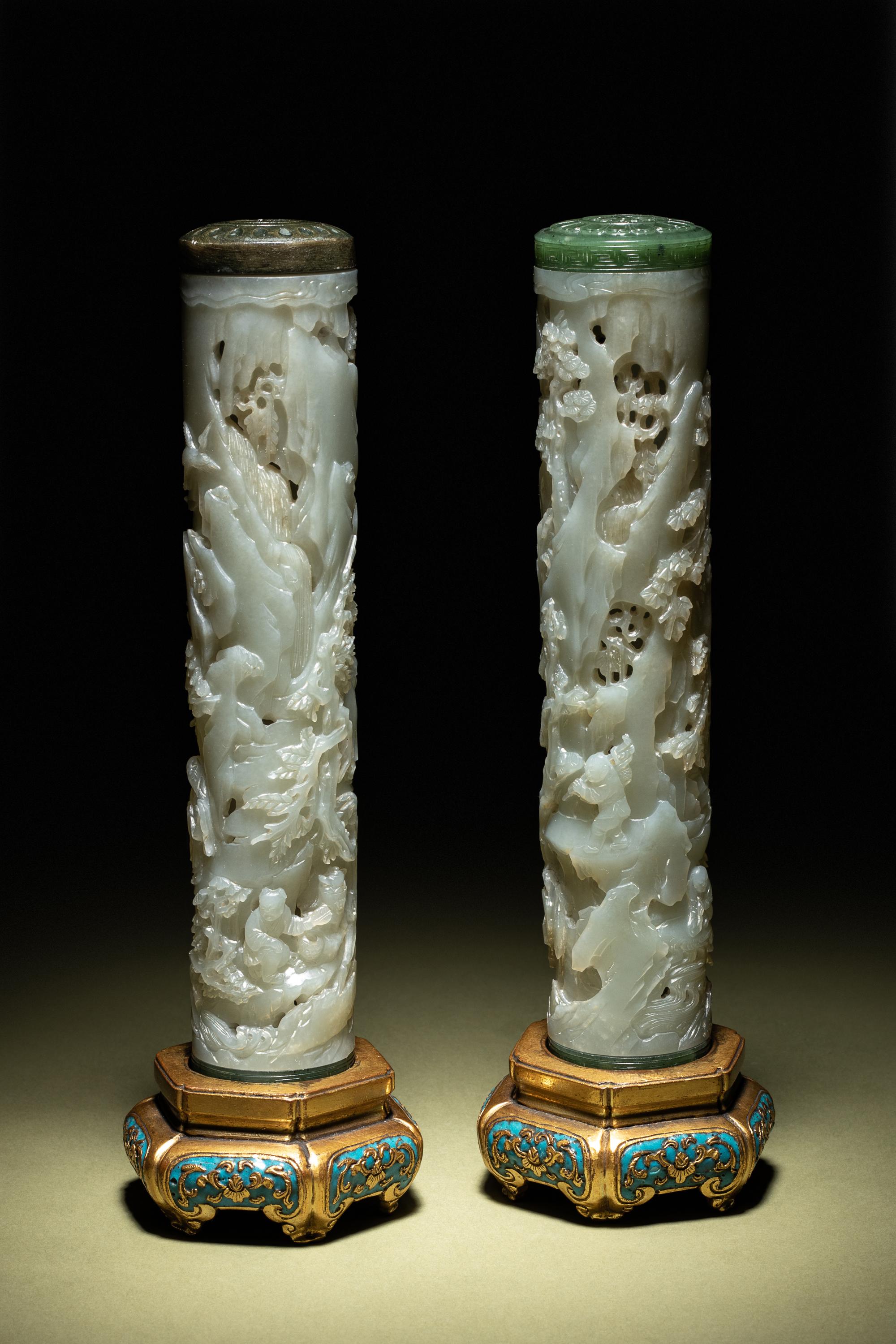 A Pair of Carved Celadon Jade Cylindrical Parfumiers