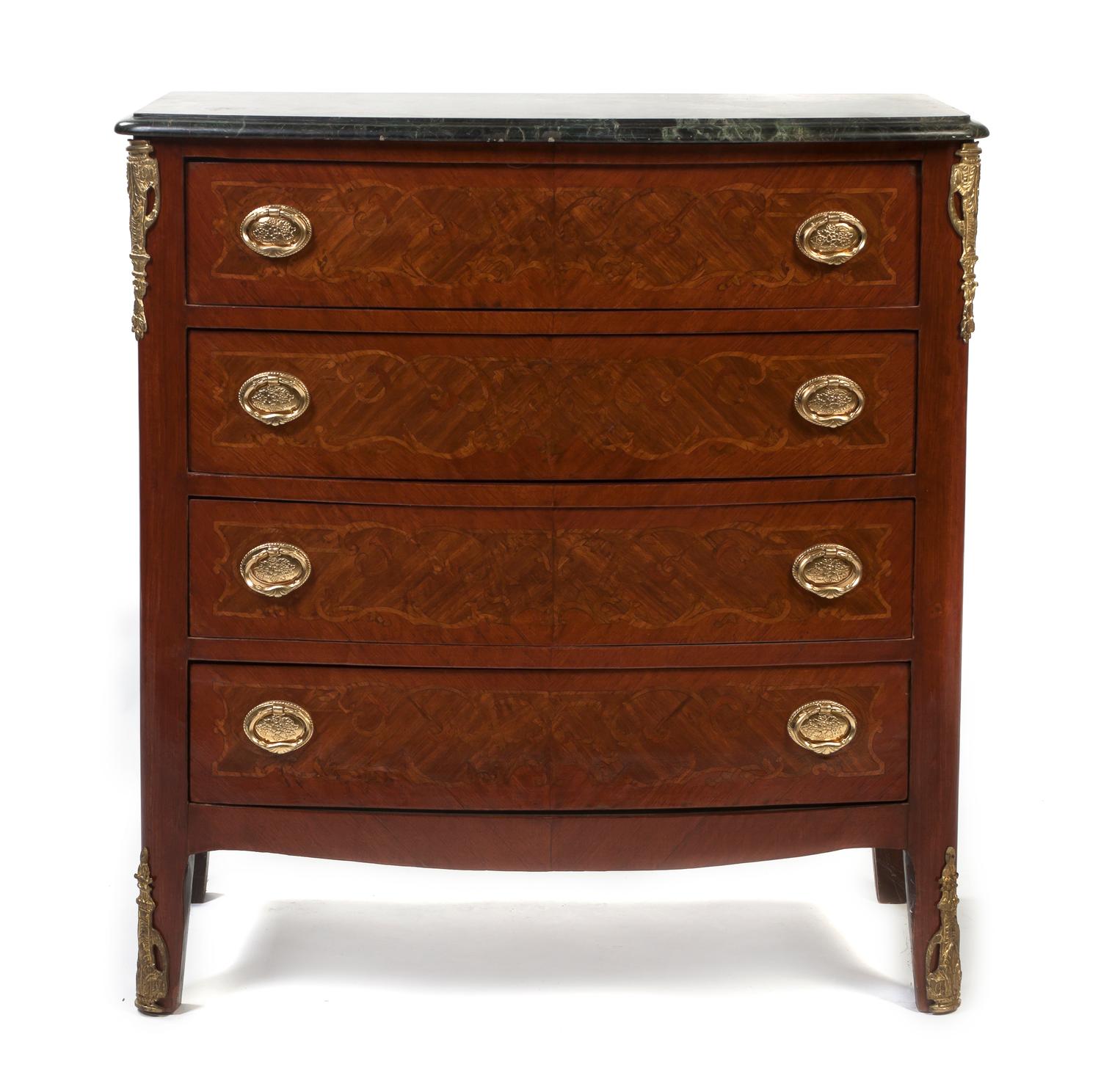 A Louis XVI Style Gilt Metal Mounted Marquetry Commode, Height 34 1/4 x width 32 1/4 x depth 16 1/2 inches.