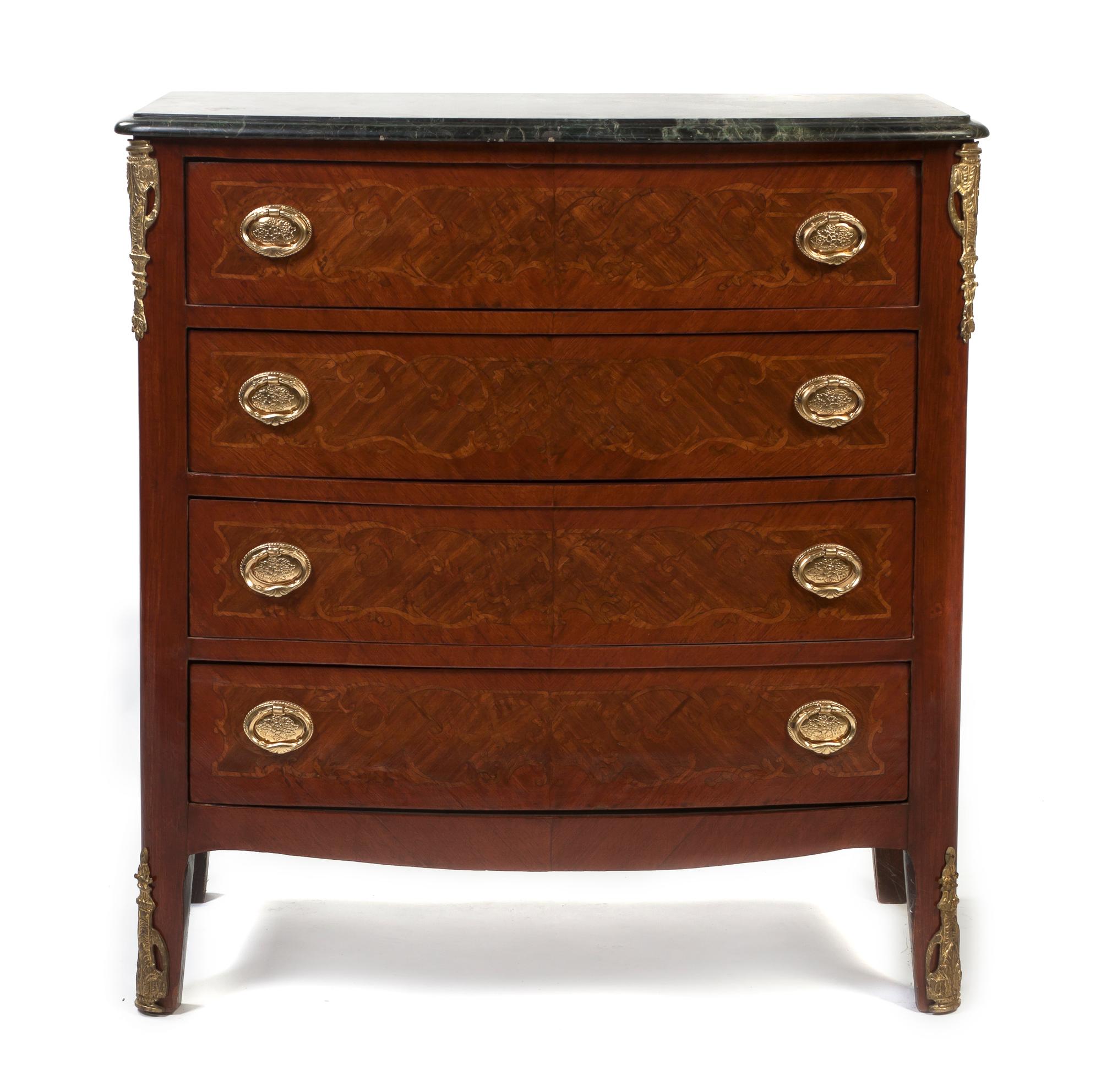 A Louis XVI Style Gilt Metal Mounted Marquetry Commode, Height 34 1/4 x width 32 1/4 x depth 16 1/2 inches.